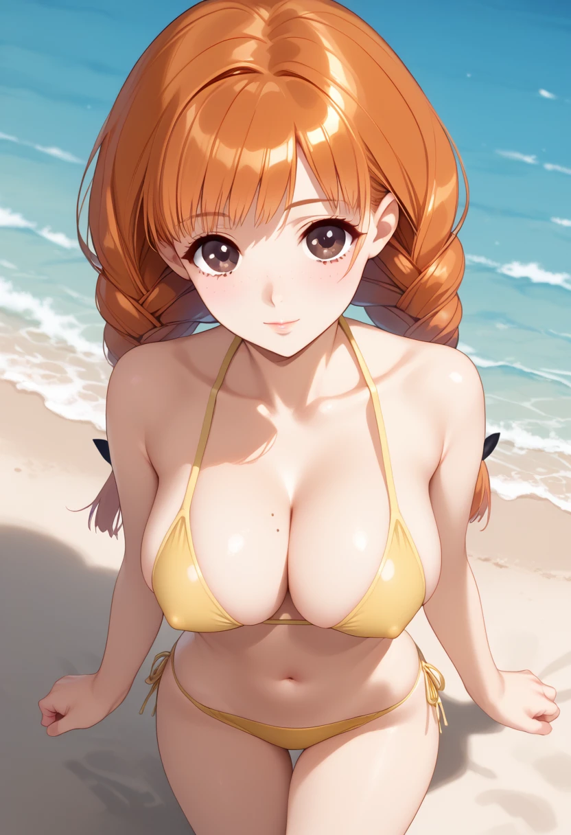 score_9, score_8_up, score_7_up, BREAK 1girl, nishiku,brown eyes,orange hair,twin braids,black hair ribbon,yellow bikini,view from above,focus on breasts,covered nipples,seaside,suprised,<lora:Nishima_kur:1>