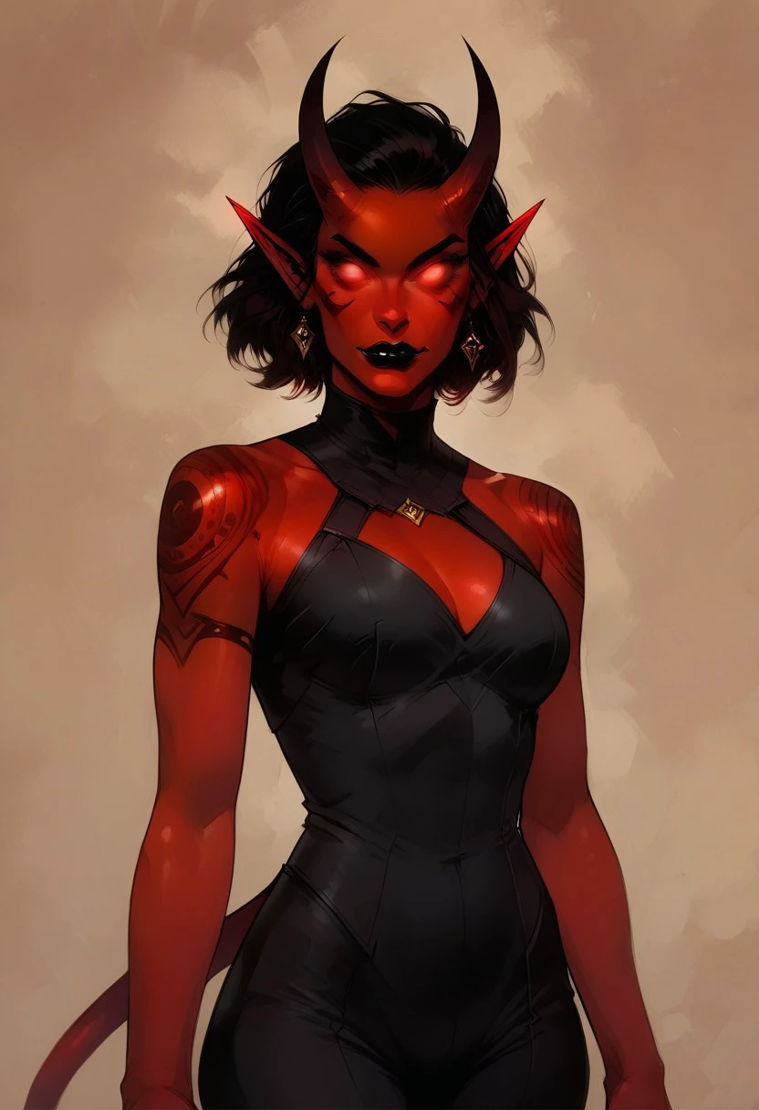 score_8_up, score_7_up, 1girl, Kanerah, colored skin, red skin, short hair, pointy ears, no pupils, red eyes, red sclera, demon tail, black lipstick, black spy suit, leaning, front view, pinup pose, incredibly sexy, cowboy shot, front view