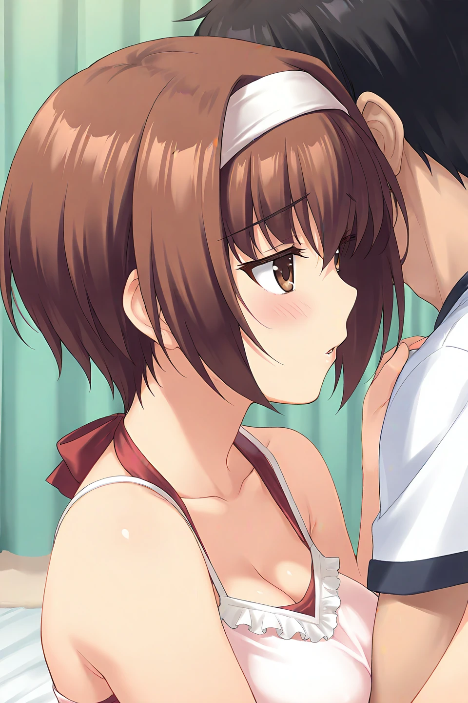 masterpiece, best quality, absurdres, official art, official style, zPDXL2, zPDXLxxx, rating_sensitive, sexually suggestive, nsfw, uncensored BREAK
<lora:kashiwagiazusa_IL_v1:0.7>, kashiwagi azusa, 1girl, solo, brown eyes, brown hair, short hair, large breasts, hairband, white hairband
camisole, halterneck, sleeveless, ribbon, close-up, breasts, parted lips, cleavage, bare shoulders, collarbone, profile, upper body, solo focus, from side, clothes grab, shirt grab, hug, blush, couple, hetero, 1boy, out of frame, head out of frame, faceless, shirt, short sleeves, white shirt, black hair, shirt tug, indoors, bed, curtains, shiny