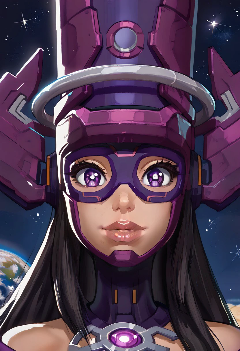 (Galacta, Solo, Long Hair, Black Hair, Purple Eyes, Big Eyes:1.8, Expressive Eyes, Square Irises:1.8, Big Lips:1.8),
(Helmet, Bodysuit, Bracelets, Mask),
(Space, Stars),
(Smirking, Smug, Pursed Lips),
(Face Focus, Closeup Shot)