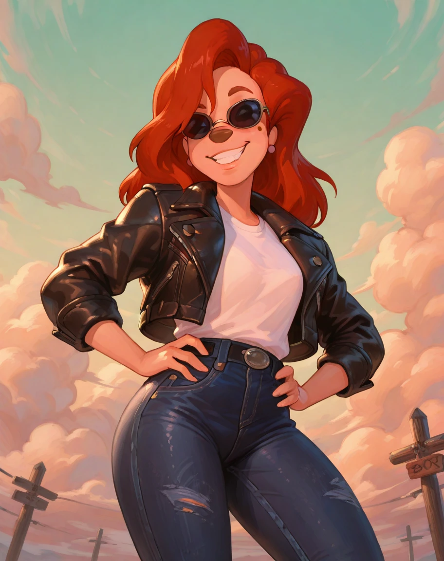 by kitora, solo, cloudscape, roxannerover, beauty mark, red hair, leather jacket, white shirt, jeans, sunglasses, grin, hands on hips, <lora:RoxanneXL_010-Illus-nd32-na64-lr2-ep15:1>