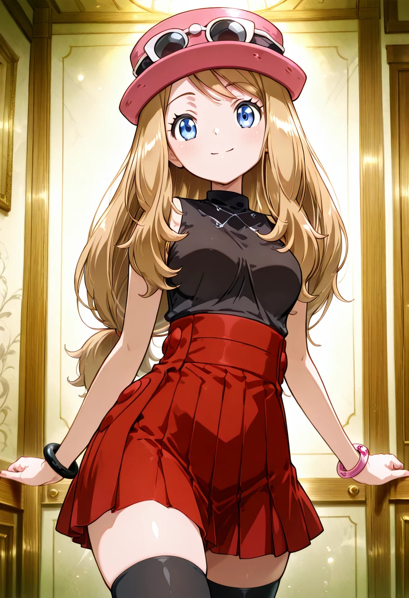 masterpiece, best quality, medium breasts, (curvy), BREAK, zzSerena, solo, long hair, blue eyes, eyewear on headwear, pink headwear, eyelashes, sleeveless shirt, black shirt, bracelet, high-waist skirt, red skirt, black thighhighs,<lora:SerenaPokemonIXL_v2:1.0>,smile, looking at viewer, cowboy shot, <lora:Style56_IXL:1.0>,