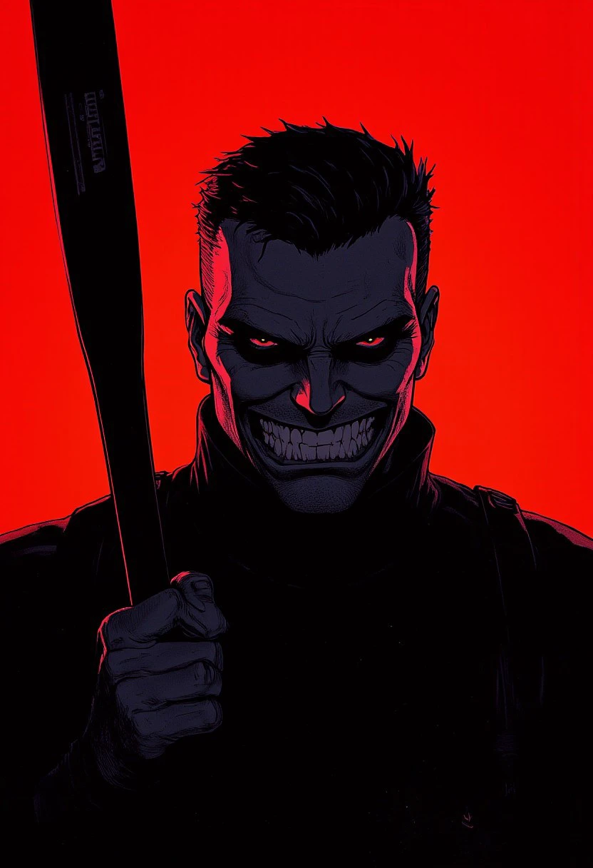 The punisher holding a baseballbat, backlit in dark red colors.
