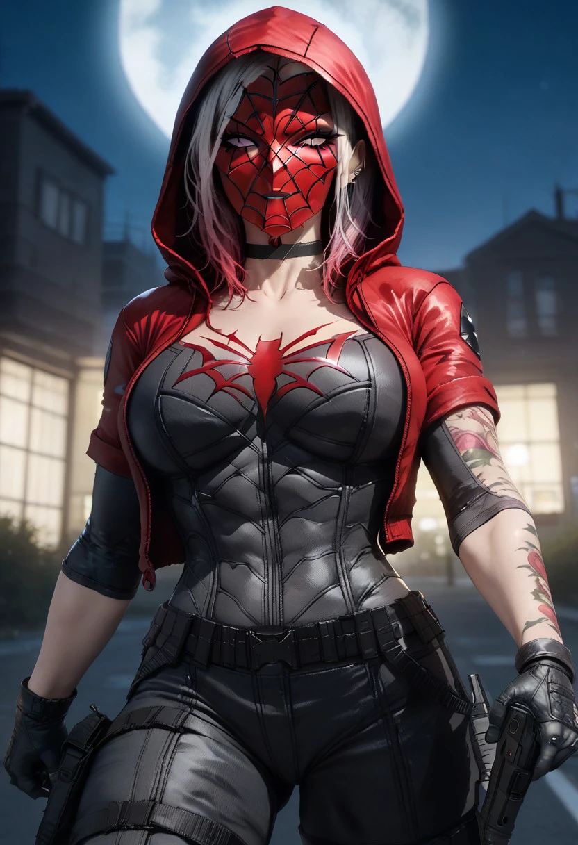 Black and white hair,Red metal mask,gun holster,combat boots,brown combat pants, hair hood city jacket ear piercing makeup ,arm tattoo smile, hair between eyes choker moon gradient hair hair behind ear.eyes eyeshadow full moon large breasts,jacket,body tattoos ear rings,red eyeliner,hooded,purple lips, spider (symbol),short sleeves,bodysuit with pink spider print,long black , gloves,rings on fingers, hood,pink eyes, web,tattoo medium breasts night two-tone hair, hood up hooded bodysuit, hair between eyes choker moon gradient hair hair behind ear.eyes eyeshadow full moon, ring solo focus black jacket outdoors, Red Hood outdoors,holding gun, Red Hood,, black bodysuit, Red Hood,metal mask,red hood metal mask, dc Red Hood, jason todd, black bodysuit, /Spider_Ayane/