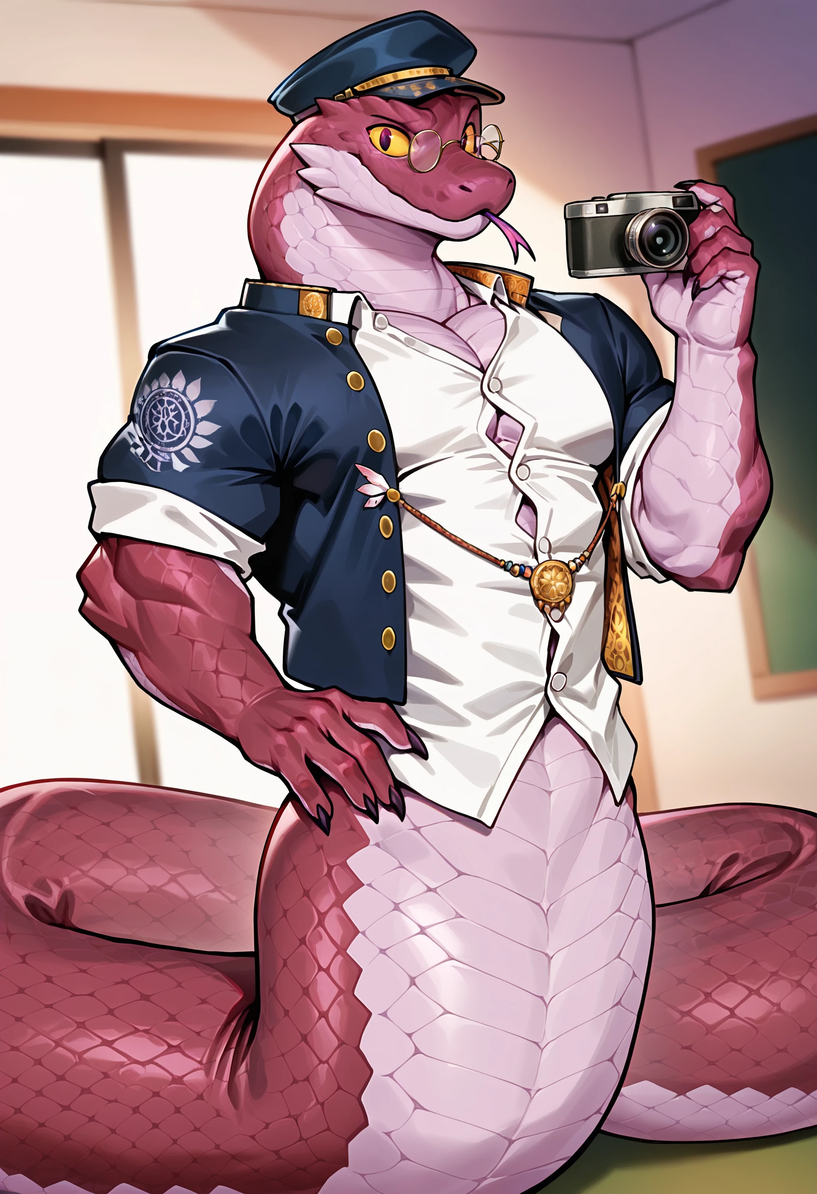 photorealism, photorealistic, chromatic aberration, depth of field, blurry background, detailed scales, looking at viewer, dutch angle, yig_tas, legless, snake, serpentine, anthro, clothing, solo, male, furry male, furry, 1boy, tokyo afterschool summoners, bara, eyewear, colored sclera, scalie, scales, muscular male, hi res, topwear, muscular, headwear, glasses, clothed, red scales, bottomless, white shirt, jewelry, yellow sclera, uniform, tail, slither, shiny skin, forked tongue, (syuro:0.8), (nomax:0.5), (honovy:0.6), (kenket:0.6), (taran fiddler:0.6), masterpiece, best quality, amazing quality, very aesthetic, absurdres, newest, <lora:Yig_Tokyo_Afterschool_Summoners_Illustrious:1.0:1.0>, (three-quarter portrait, camera view, looking outside, legs apart, raised eyebrow:1.15),