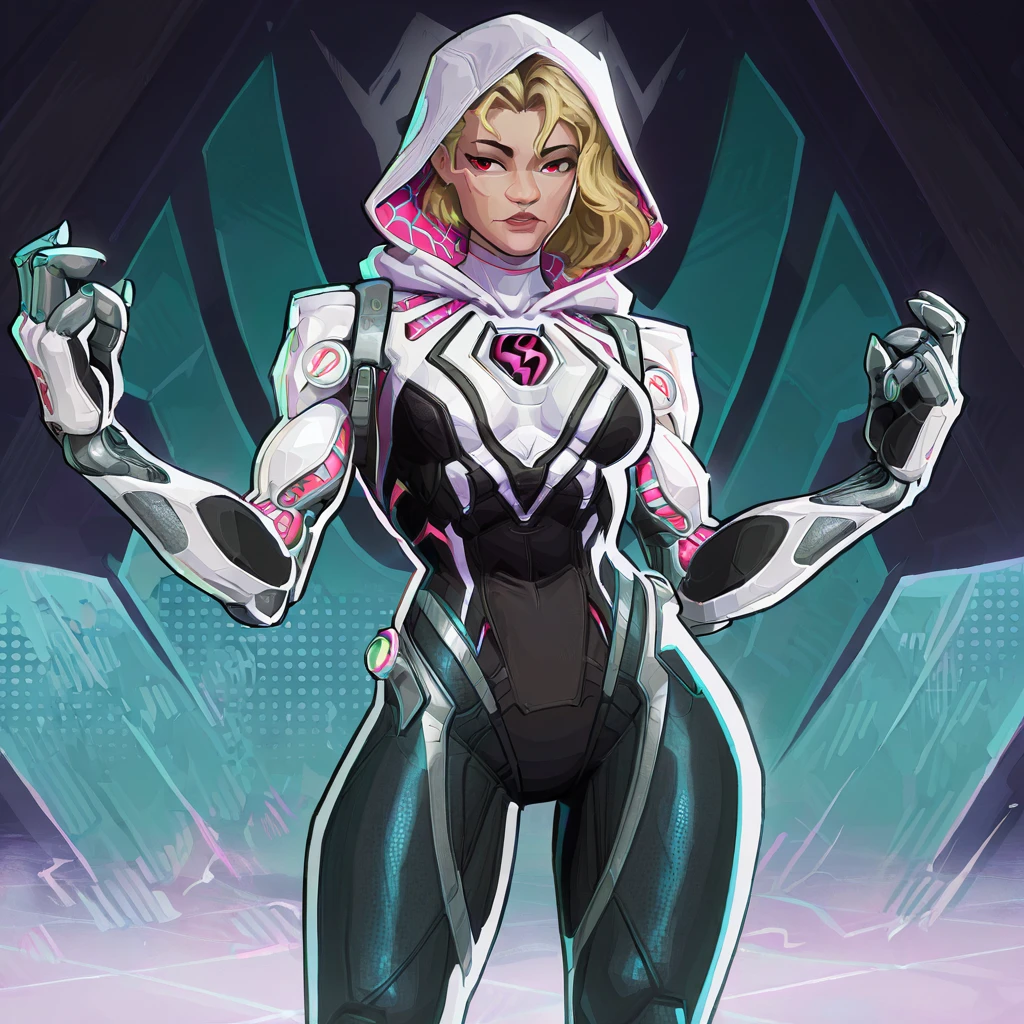 <lora:rivals:1>, mrvlrvls, solo,1girl, gwen stacy, cowboy shot, <lora:HeavyTechILXL:0.25> ,h3avyt3ch, techwwar, four techno spider arms form back , hood,front view
