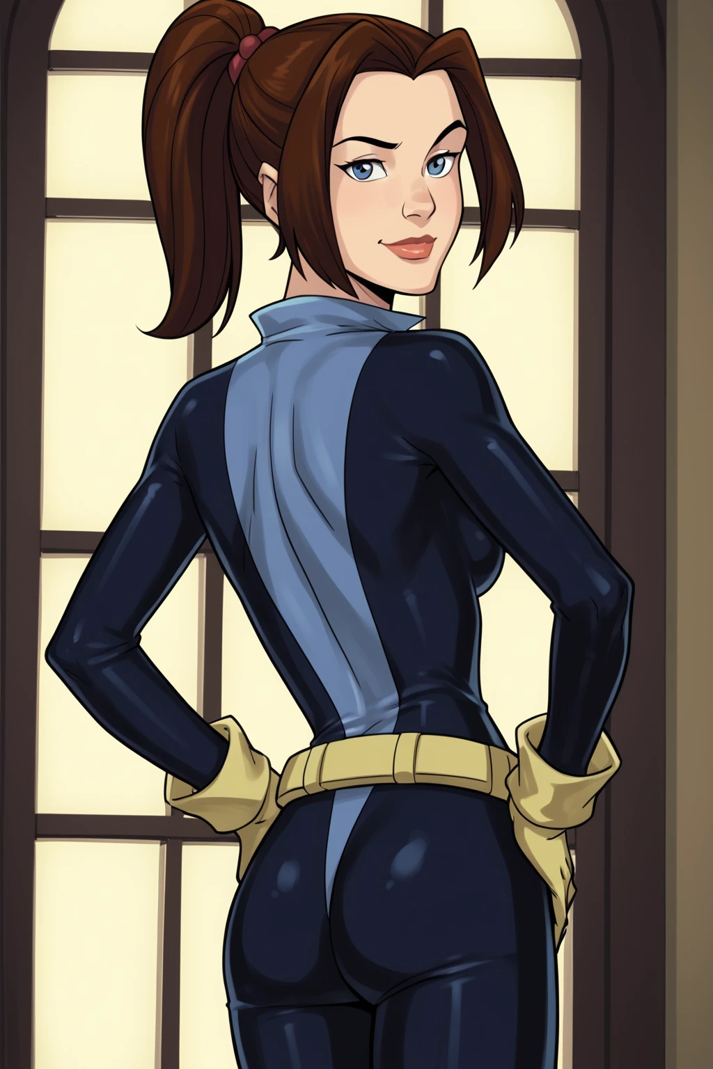 ((Full body photo, standing, on the floor))KittyPryde_Shadowcat_ownwaifu, 1girl, brown hair, ponytail, lipstick, blue eyes, makeup, hair ornament, red lips, long hair, breasts, high ponytail, hair bobbles, medium breasts, gloves, belt, bodysuit, yellow gloves,    absurdres, ultra detailed, masterpiece, best quality, aesthetic, detailed,