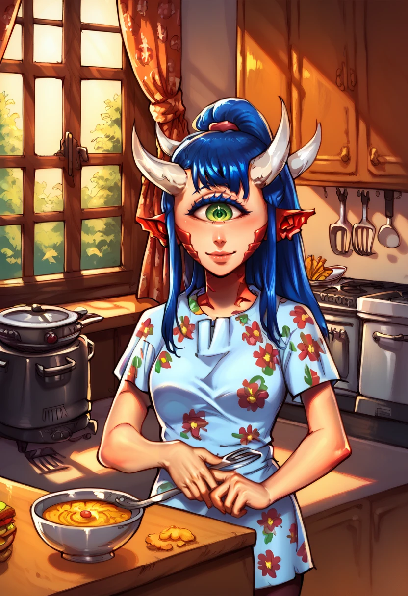 1girl, woman, Caco-chan, solo, horns, green eye, cyclops, ears, kitchen, cooking, blue hair, short floral dress, middle breasts, fingers, <lora:Caco-chanPonyV6:1>, <lora:AnasheyaV1_cont:1>, score_9, score_8_up, score_7_up,