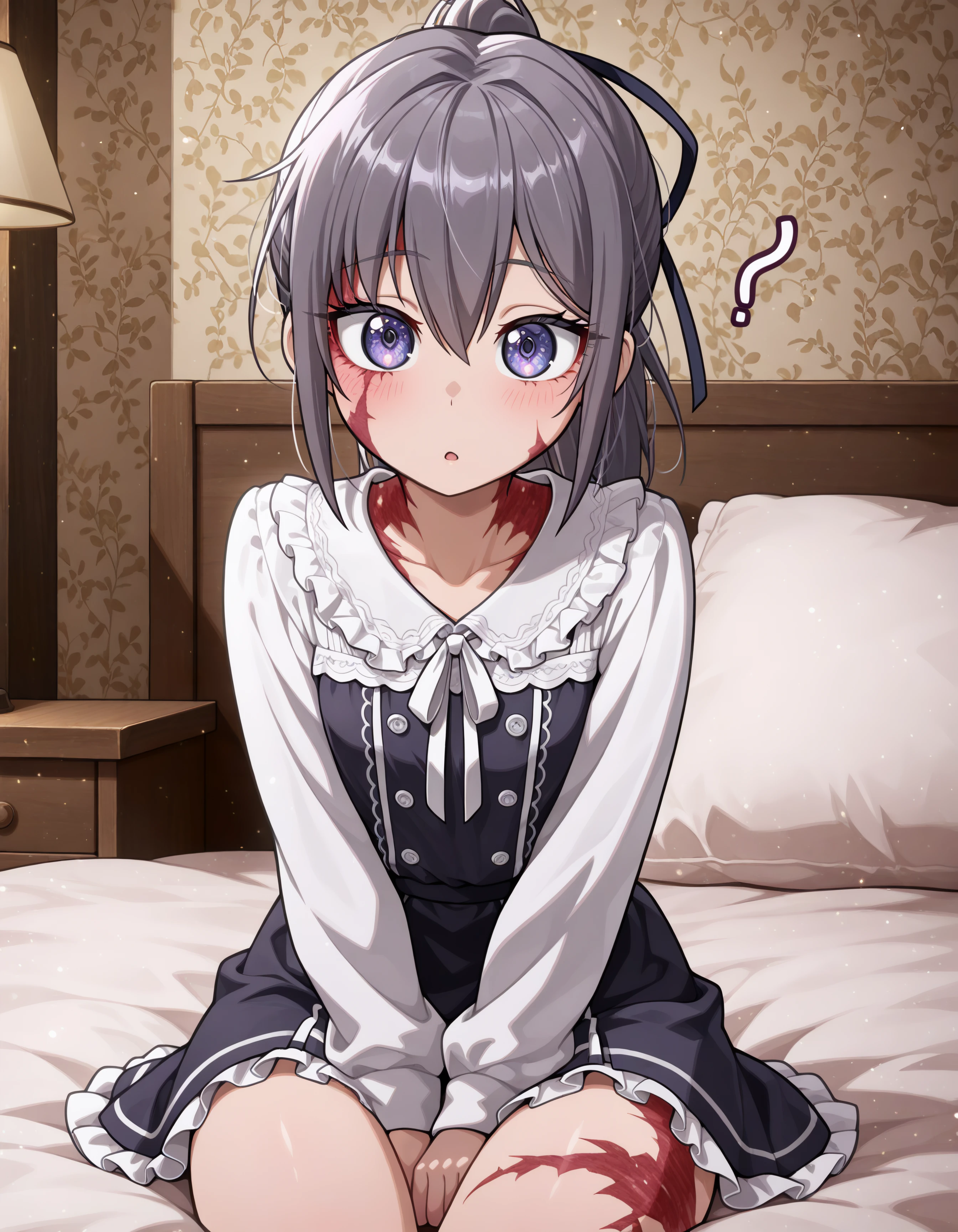 masterpiece, best quality, super fine illustration, ultra high res ultra-detail, <lora:silver_v1-000010:0.9>, tf_silver_, pet, <lora:HeadpatPOV:0.6>, HeadpatPOV, pov, headpat, blush, light smile, looking at viewer, from above, 1girl, petite, small breasts, grey eyes, gray hair, ((burn scar)), scar on face, brown dresser behind, brown off shoulder tattered dress, wariza, collarbone, wooden room, thighs, decadent room, medium hair