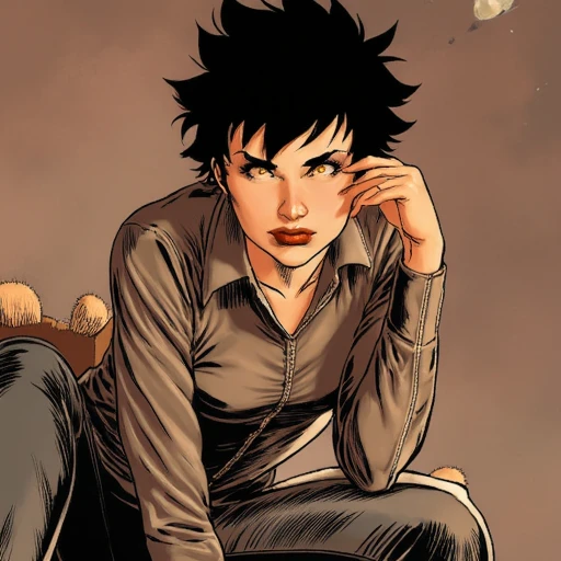 catwomanguillemmarch, 1girl, solo, black hair, short hair, makeup, lipstick, yellow eyes, breasts, cowboy shot, sweater, jeans