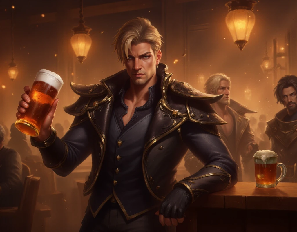 <lora:League of legends Artwork Style:0.9> league legends artwork, style. A man holds a beer in a pub