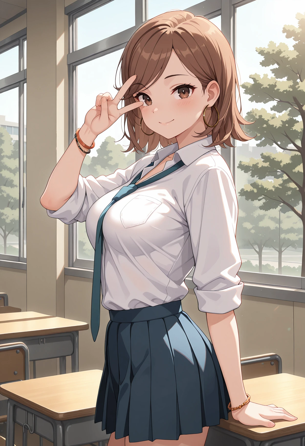 masterpiece, best quality, amazing quality, 1girl, solo,
<lora:Daia_My_Dress_up_Darling_IL_V1:1>, KJOdaia, brown hair, brown eyes, medium hair, swept bangs,
collared shirt, sleeves rolled up, loose necktie, hoop earrings, blue pleated skirt, bracelet,
from side, peace sign over eye, smile, looking at viewer, School, classroom, window, sunny, tree,
(Beautiful, medium Breasts:1.2),