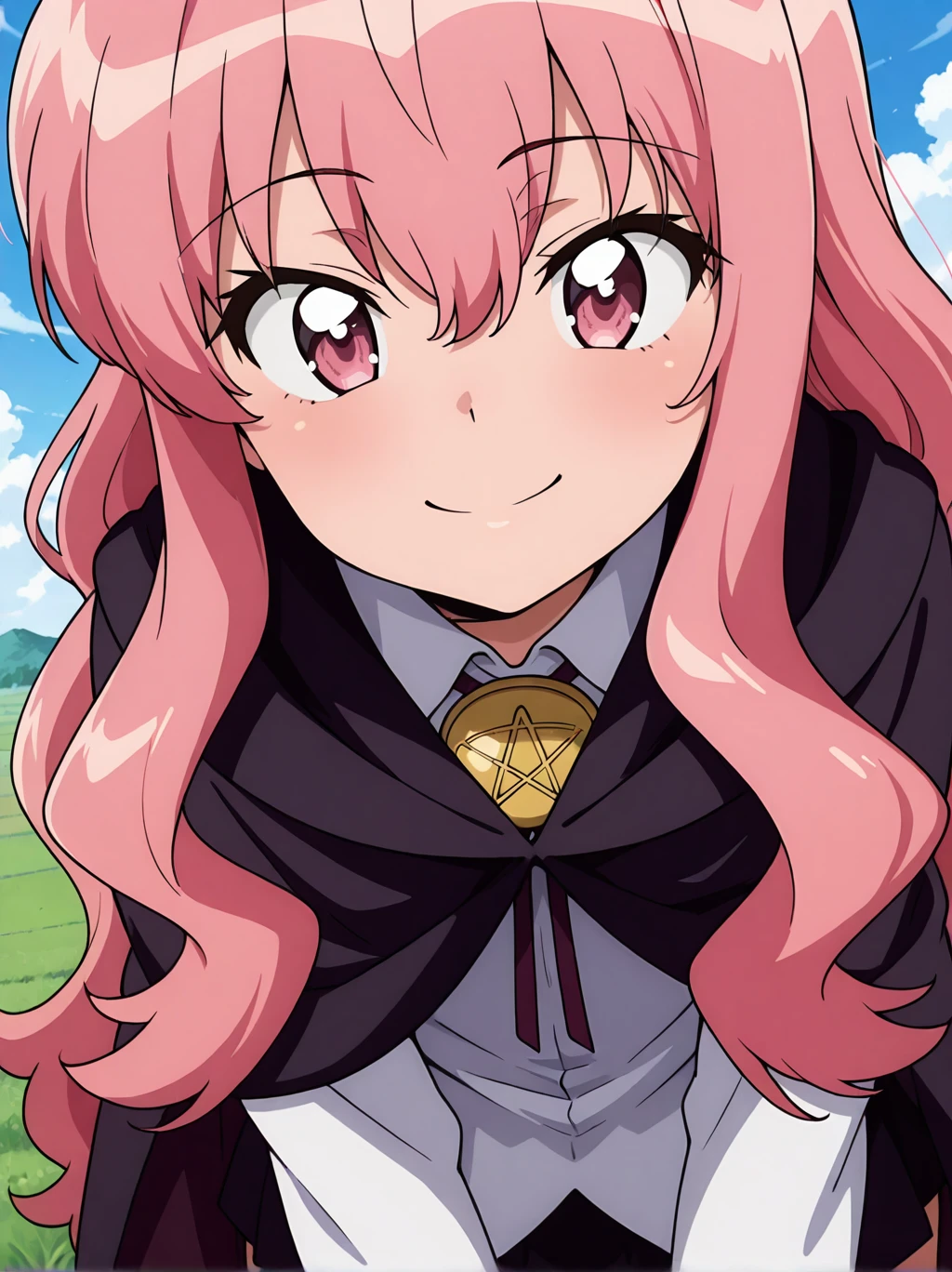 very aesthetic, high resolution, ultra-detailed, absurdres, newest, scenery, medium depth of field, rule of thirds, masterpiece-level, clean lines, sharp, focused subject, minimalistic composition, masterpiece, amazing quality, best quality, anime screencap, detailed face, detailed eyes, detailed outfit, face focus, 1girl, solo, Louise-Liver020, black cape. black long cape, pink hair, long hair, pink eyes, white shirt, collar, gold collar, black skirt, mini skirt, louise francoise le blanc de la valliere, hair between eyes, red ribbon, red ribbon, gold collar, pentagram collar, green field, blue sky, upper body, smile, cute smile