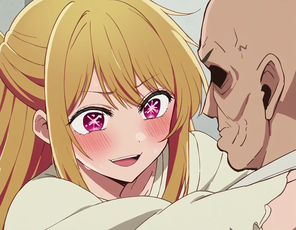 score_9, score_8_up, score_7_up, source_anime, <lora:ruby-hoshino-s1-ponyxl-lora-nochekaiser:1>, ruby hoshino, long hair, bangs, blonde hair, pink eyes, sidelocks, symbol-shaped pupils, multicolored hair, two-tone hair, half-updo medium breasts, anime screencap, <lora:hey-i-could-have-died-ponyxl-lora-nochekaiser:1>, hey i could have died, blush, looking at another, smile, sweat, anger vein, eye contact, open mouth,, <lora:faceless-ugly-man-ponyxl-lora-nochekaiser:1>, faceless ugly man, faceless, ugly man, fat, faceless male, fat, bald, mature male,,