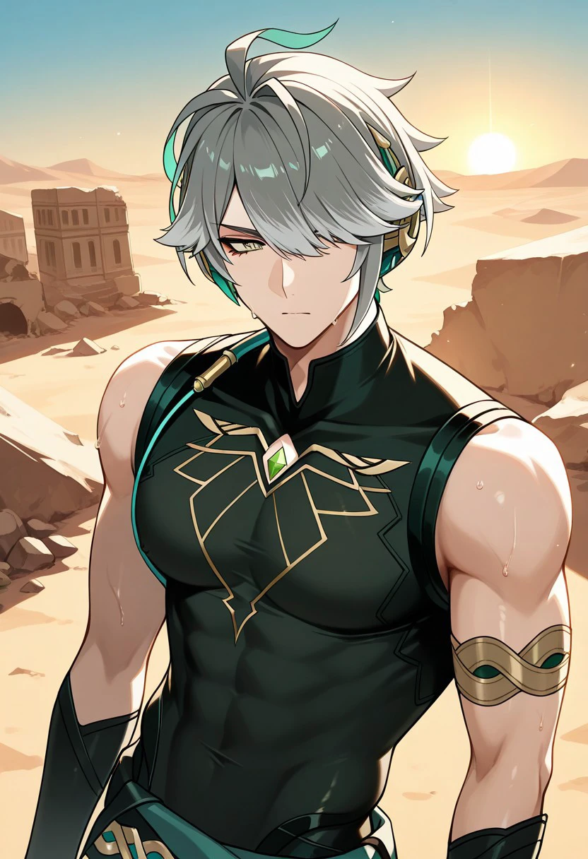 masterpiece, best quality,
Alhaitham, 1boy, male focus, solo, green eyes, grey hair, streaked hair, short hair, ahoge, swept bangs, hair over one eye, headphones, shirt, black shirt, sleeveless shirt, compression shirt, sweat
outdoor, desert, sun,ruins,