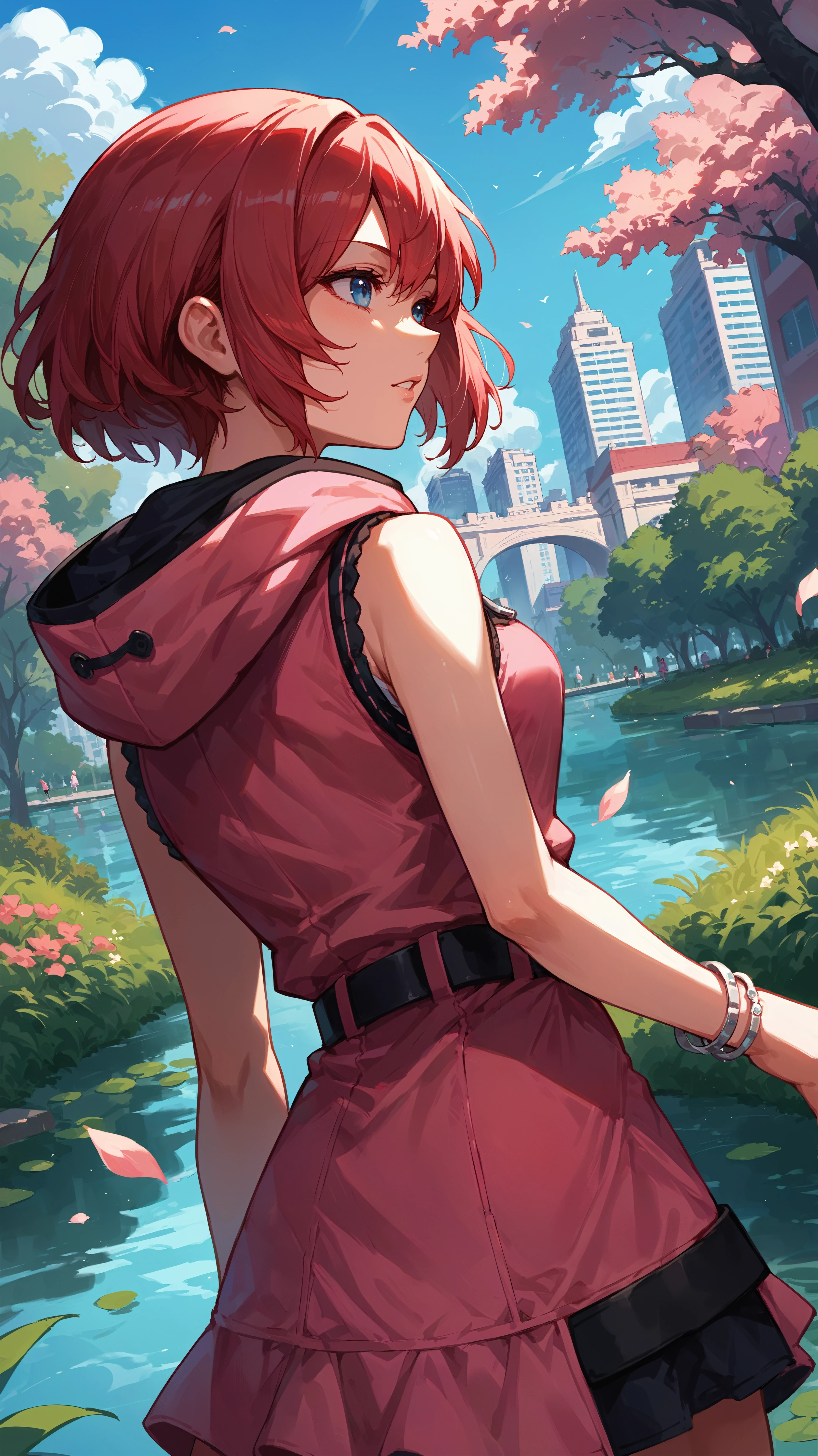 score_9,score_8_up,score_7_up,score_6_up, <lora:xl_more_art-full_v1:0.5>, source_anime, girl, dynamic pose, turned away but looking back over her shoulder, <lora:Kairi - Pony:0.8>, short hair, red hair, blue eyes, pink hoodie, pink skirt, black belt, sleeveless, bracelet, city park, pond,
