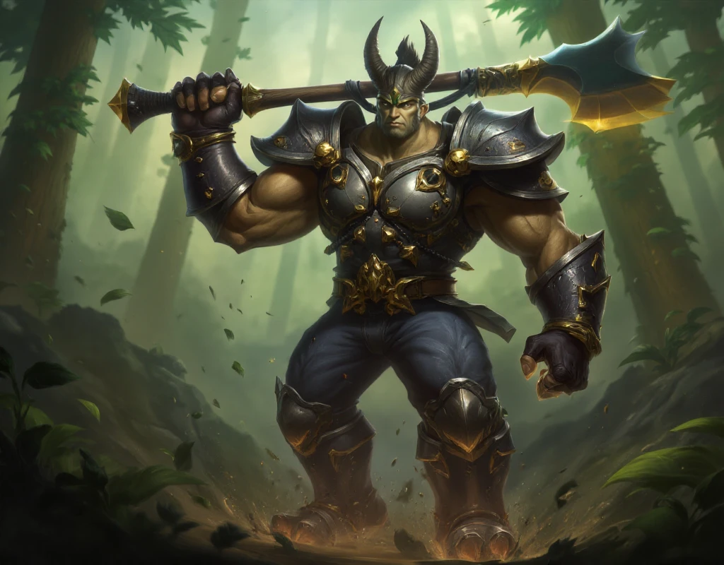 <lora:League of legends Artwork Style:0.9> league legends artwork, style. a muscular ork with shoulderpads and holding an huge axe in a forest