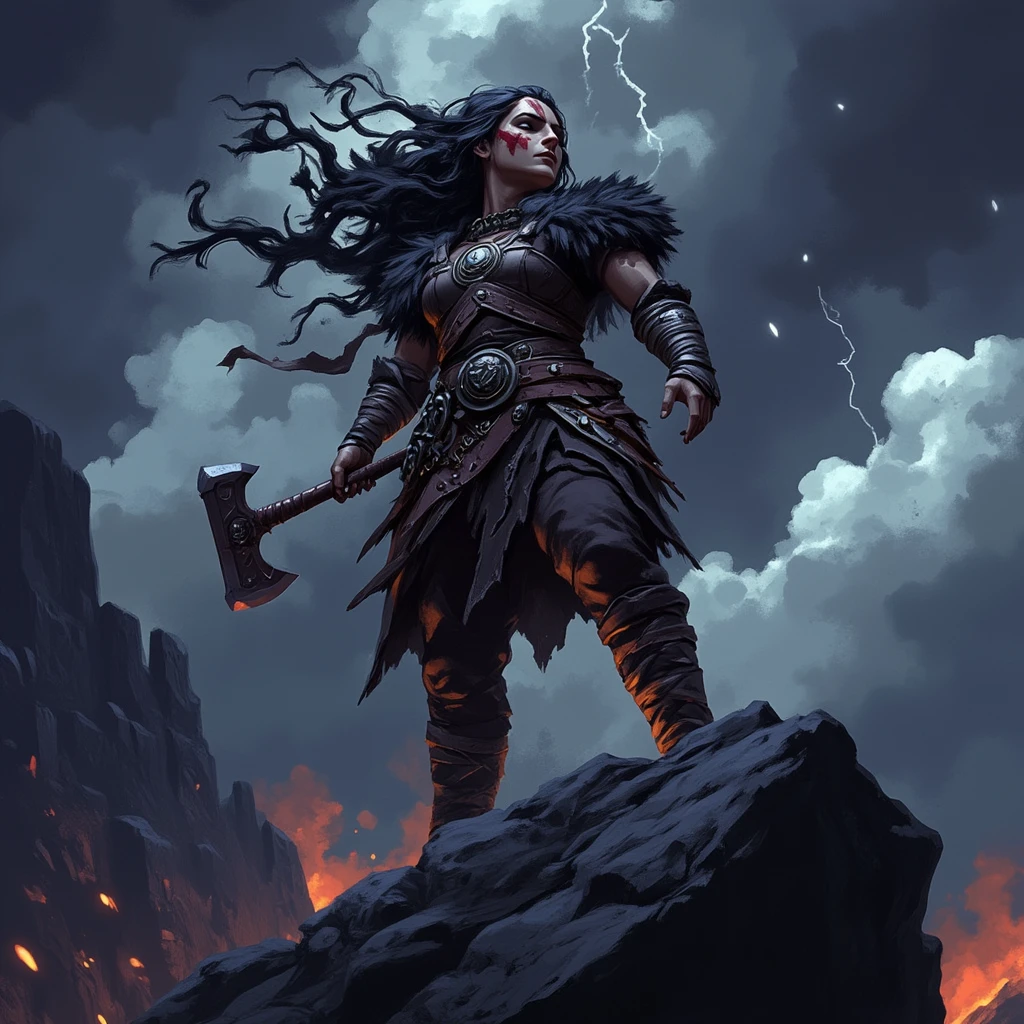 wc1dnd_style, Digital painting, a powerful barbarian woman with long, flowing black hair streaked with silver, her face marked with crimson war paint, clad in fur-lined leather armor and wielding a double-headed axe, standing defiantly atop a jagged cliff as thunderclouds gather behind her
<lora:Flux.Digital_Painting_DnD:1>