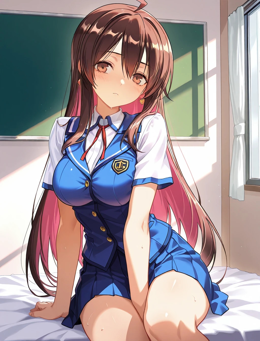 Anime girl in uniform sitting on bed in room with window - SeaArt AI