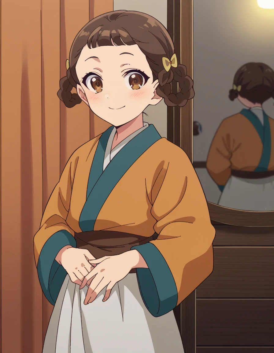 score_9, score_8_up, score_7_up, source_anime, <lora:kusuriya-xiaolan-s1-ponyxl-lora-nochekaiser:1>, xiaolan, bangs, brown hair, hair ornament, brown eyes, braid, hair rings,, japanese clothes, robe, orange robe, long sleeves, skirt, white skirt,, dressing room, mirror, lights, costumes, makeup, smile, hand on stomach, blush,, looking at viewer, solo,, cowboy shot, solo