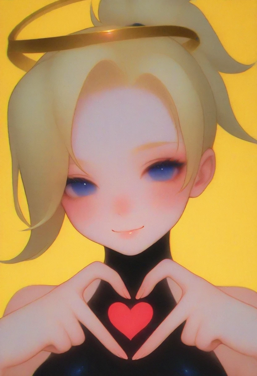 petrasvoice,  masterpiece, grainy, colourful background,   mercy \(overwatch\), detailed eyes, big blue eyes, leotard, closeup,  blonde, halo, smiling, dim dark yellow background, blush, heart hand,