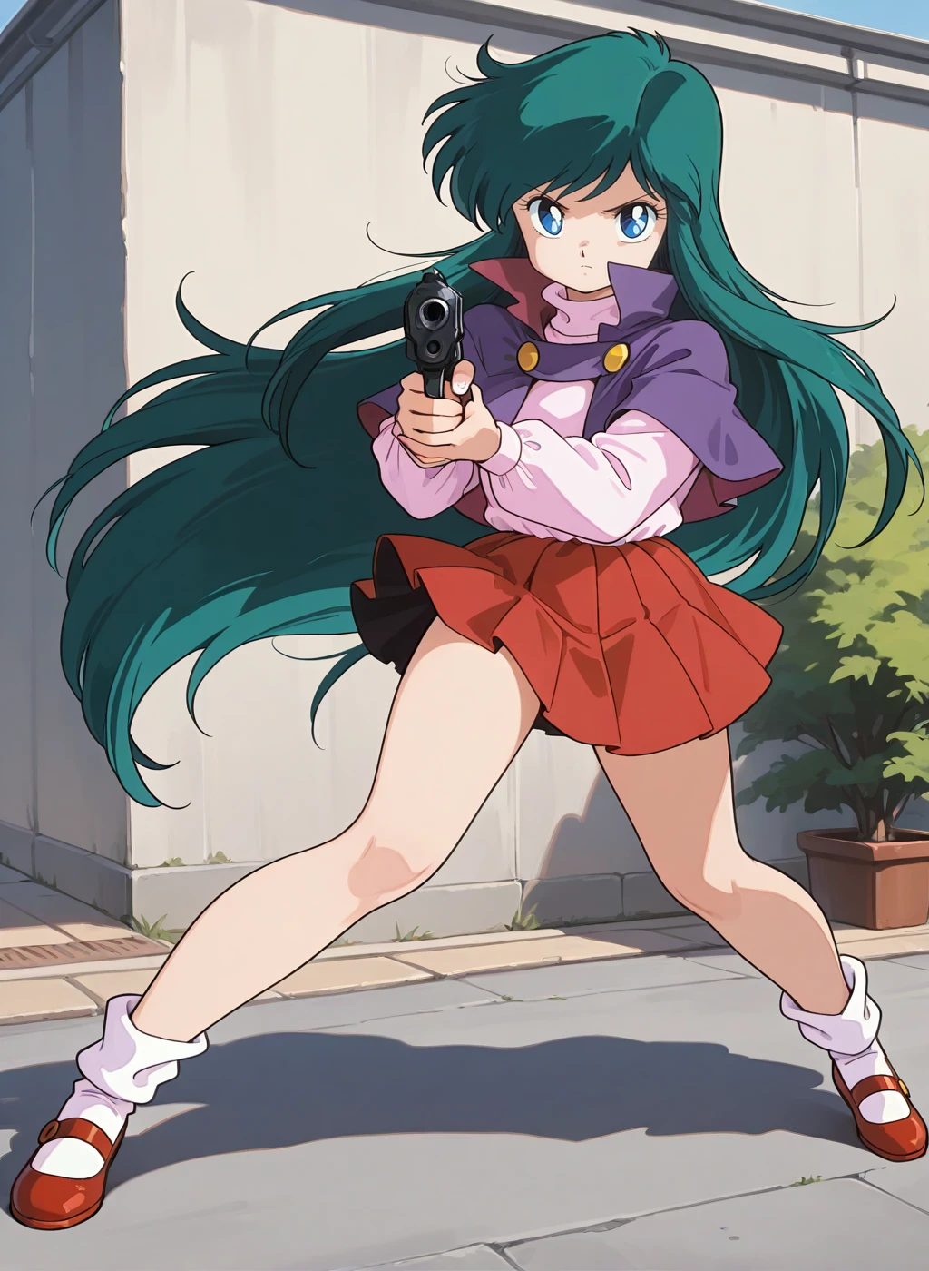 High quality,Ultra detailed,best quality,insanely detailed,beautiful,perfect lighting,masterpiece,absurdres,very aesthetic,sensitive BREAK
looking_at_viewer,standing,posing,<lora:ayanokouji_rem _V1_IL:1>,(ayanokouji rem, dream hunter rem, very long hair, green hair, blue eyes, bangs, retro artstyle, 1980s (style)),(capelet,purple capelet,high collar,miniskirt,pleated skirt,red skirt,long sleeves,turtleneck,shirt,white socks,socks,mary janes,shoes),
1girl,solo,outdoors,full body,serious,hand gun,fighting_stance,holding gun,aiming,aiming at viewer,
