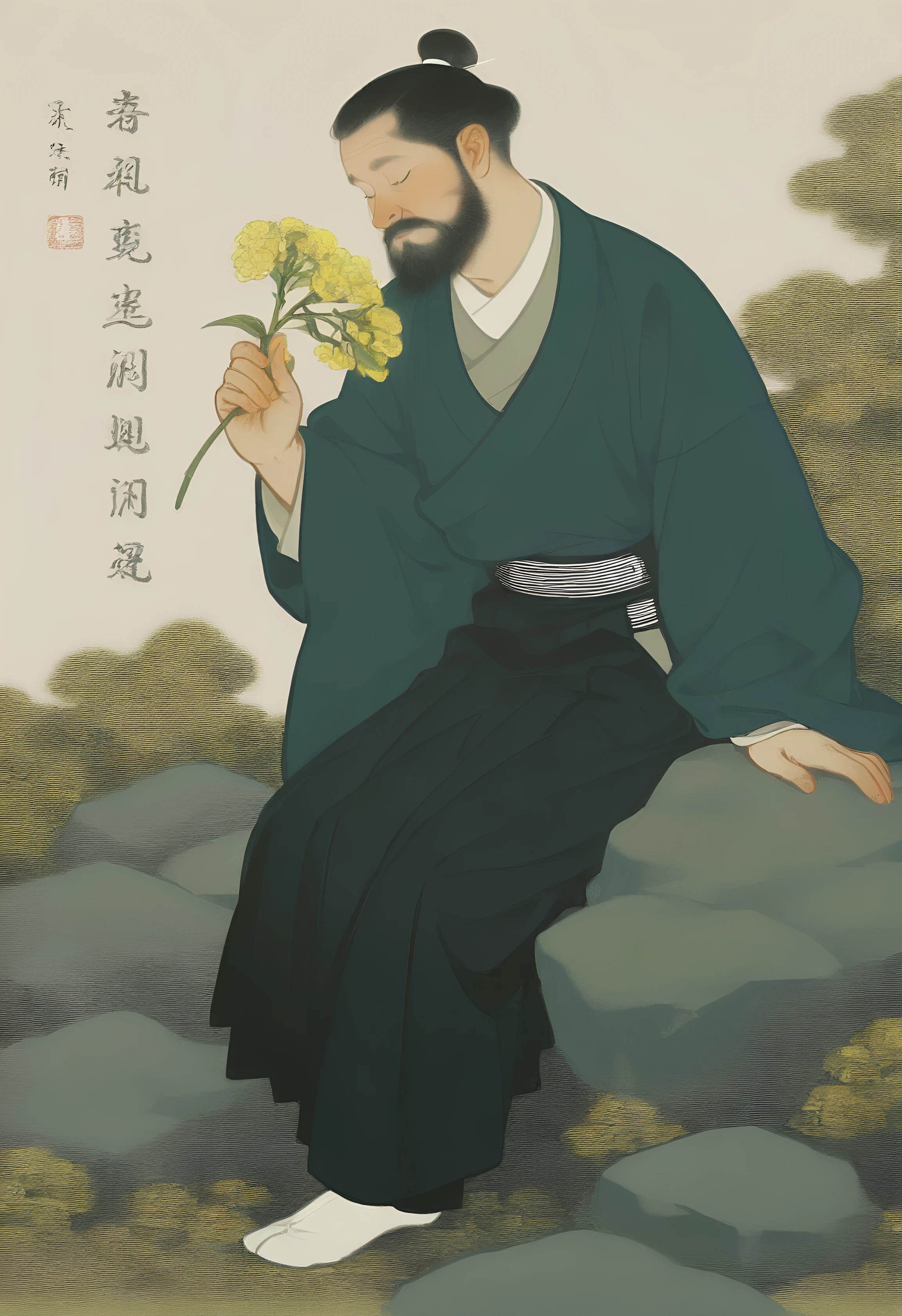 chineseart,masterpiece, best quality, amazing quality,Sharp focus,UHD,High quality,64k,8k,solo, black_hair, long_sleeves, 1boy, holding, full_body, closed_eyes, male_focus, flower, japanese_clothes, wide_sleeves, facial_hair, hakama, beard, yellow_flower, rock, bouquet, mustache, holding_flower, chinese_text