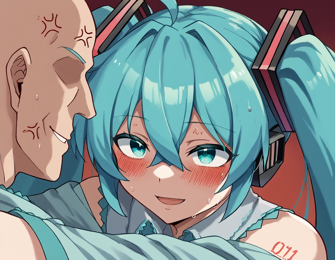 score_9, score_8_up, score_7_up, source_anime, <lora:miku-hatsune-ponyxl-lora-nochekaiser:1>, miku hatsune, ahoge, aqua eyes, aqua hair, crossed bangs, hair between eyes, hair ornament, headphones, long hair, twintails, mature female, medium breasts,, <lora:hey-i-could-have-died-ponyxl-lora-nochekaiser:1>, hey i could have died, blush, looking at another, smile, sweat, anger vein, eye contact, open mouth,, <lora:faceless-ugly-man-ponyxl-lora-nochekaiser:1>, faceless ugly man, faceless, ugly man, fat, faceless male, fat, bald, mature male,,