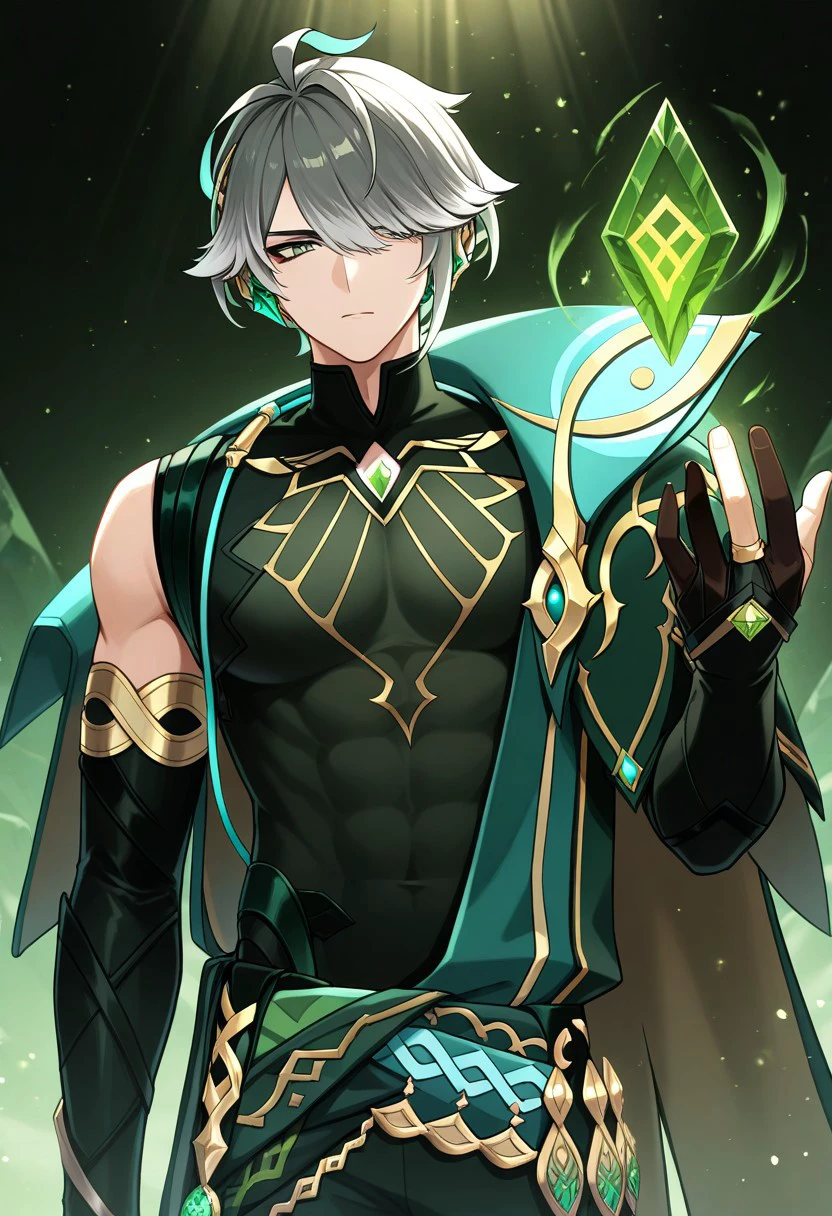 masterpiece, best quality,
Alhaitham, 1boy, male focus, solo, green eyes, grey hair, streaked hair, short hair, ahoge, swept bangs, hair over one eye, headphones, shirt, black shirt, sleeveless shirt, compression shirt, jewelry, chest jewel, gem, green gemstone, gold trim, cape, green cape, vision (genshin impact), single off shoulder, elbow gloves, black gloves, partially fingerless gloves, magic, spell, crystal, light particles, floating object,