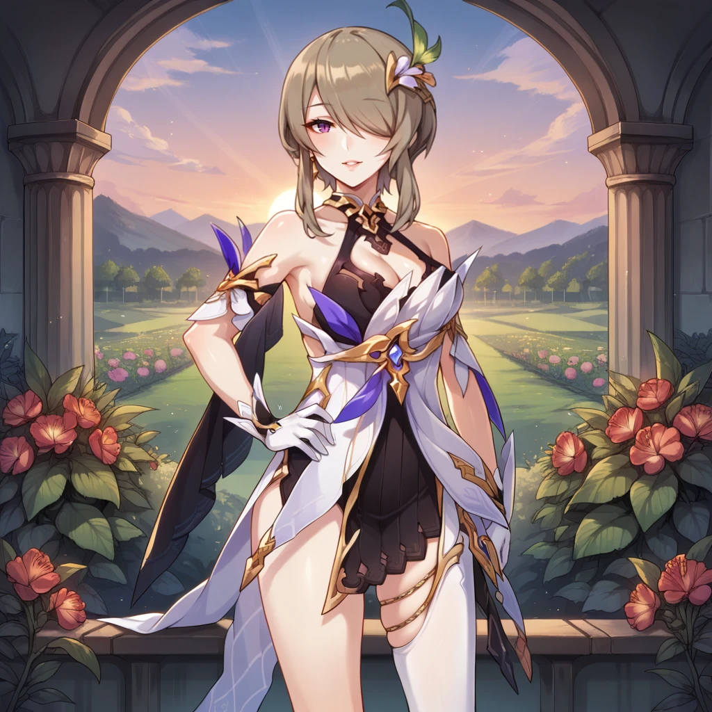 score_9_up, score_8_up, score_7_up, source_anime, 1girl, solo, garden, flowers, flower bushes, white terrace, outdoors, trees, vines, standing, hand on hip, finger on lips, shushing, looking at viewer, seductive smile, parted lips, half-opened eyes, detailed background, evening, sun, sky, clouds,
rita rossweisse, brown hair, purple eyes, hair over one eye, Rita, Ri_Def, sleeveless dress, layered dress, white dress, black bra, black skirt, cleavage cutout, side slit, earrings, multicolored skirt, white skirt, feather, black stole, black underwear, halterneck, short hair with long locks, hair ornament, bare shoulders, gold trim, detached sleeves, white sleeves, single thighhigh, gartered thighhighs, white thighhighs, white gloves, jewelry,