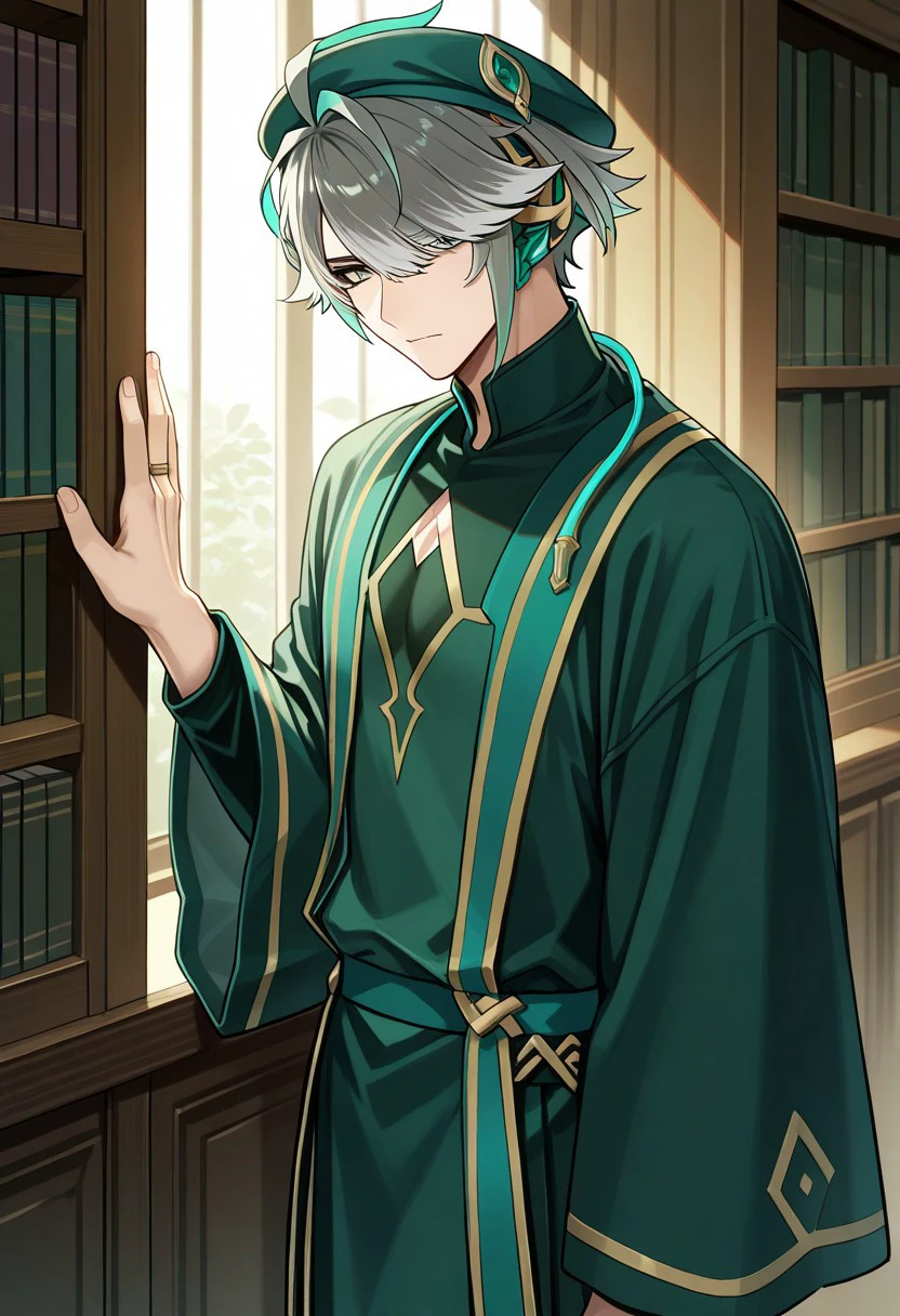 masterpiece, best quality,
Alhaitham, 1boy, male focus, solo, green eyes, grey hair, streaked hair, short hair, ahoge, swept bangs, hair over one eye, school uniform, hat, beret, green headwear, tunic, green tunic, long sleeves, wide sleeves,
indoor, library
