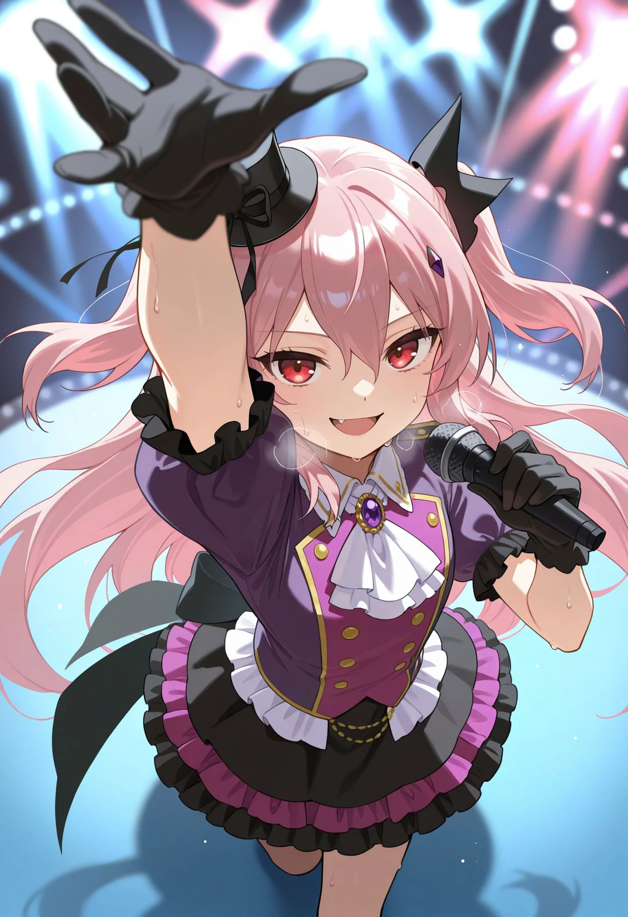 masterpiece, best quality, very aesthetic, highres, highres, absurdres
<lora:Krul Tepes Illu :1>Kkrul, red eyes, pink hair, long hair, two side up, black hair ornament, fang, black headwear, mini top hat, hat ribbon, black ribbon, idol clothes, frills, purple shirt, collared shirt, white ascot, brooch, purple gemstone, puffy short sleeves, frilled sleeves, black gloves, black skirt, frilled skirt, holding microphone, on stage, smile, :d, sweat, heavy breathing, stage, stage lights, dancing, performing, from above, looking at viewer,