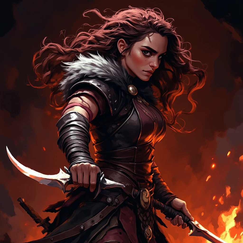 wc1dnd_style, Digital painting, a graceful yet deadly barbarian woman with wild, curly hair cascading down her back, clad in patchwork armor of scales and fur, her battle-scarred hands gripping dual curved blades, crouched low in a defensive stance as flames flicker in the background.
<lora:Flux.Digital_Painting_DnD:1>