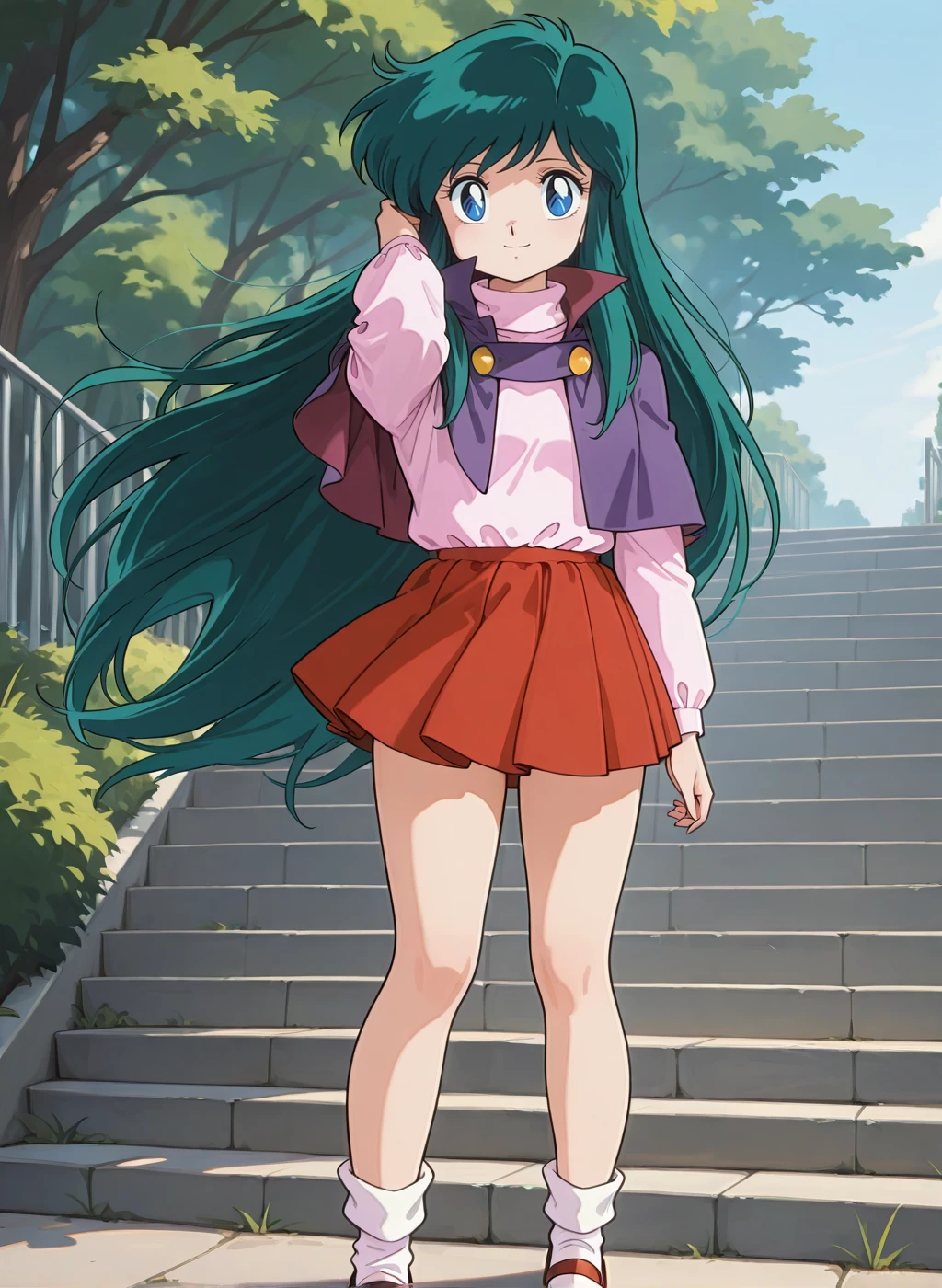 High quality,Ultra detailed,best quality,insanely detailed,beautiful,perfect lighting,masterpiece,absurdres,very aesthetic,sensitive BREAK
looking_at_viewer,standing,posing,<lora:ayanokouji_rem _V1_IL:1>,(ayanokouji rem, dream hunter rem, very long hair, green hair, blue eyes, bangs, retro artstyle, 1980s (style)),(capelet,purple capelet,high collar,miniskirt,pleated skirt,red skirt,long sleeves,turtleneck,shirt,white socks,socks,mary janes,shoes),
1girl,solo,outdoors,smile,