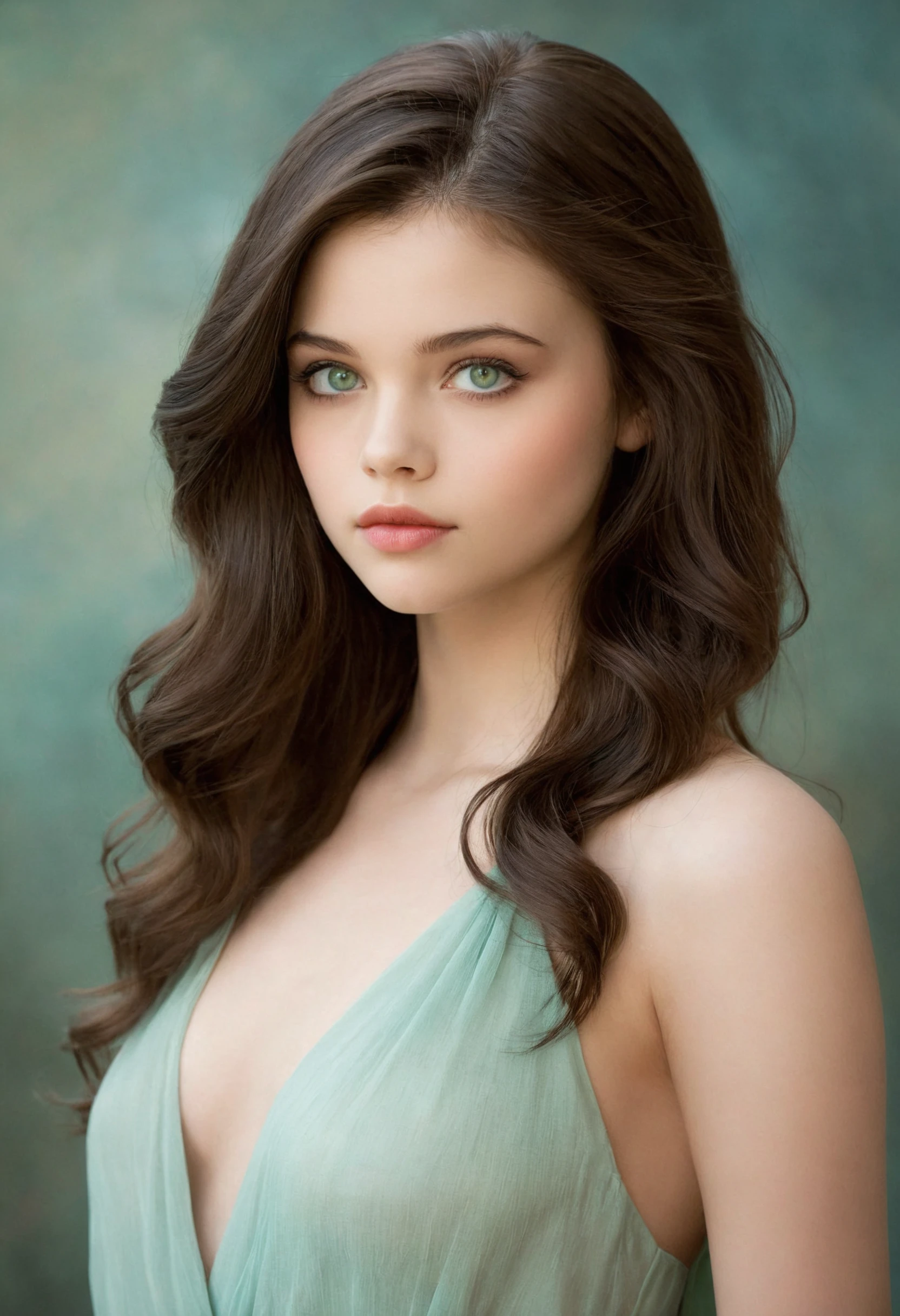 ethereal fantasy concept art of  (Height, 5 feet 3 inches (160 cm), a petite and elegant stature:1), (Build, Slim and graceful, with a delicate frame, ethereal presence:1), (Hair, Long, dark brown or black hair, often worn straight or in soft waves, hair is thick and glossy, framing her face beautifully and adding to her striking appearance:1), (Eyes, Green or hazel eyes, large and expressive, giving her a hauntingly captivating gaze:1). (Skin, Fair complexion with smooth, porcelain-like skin, which often appears flawless and luminous:1), <lora:IndiaEisley-v2:1>,gebIndiaamf, India Eisley,, 8k, photorealistic, dof, colourful, prompt . , portrait, soft light . magnificent, celestial, ethereal, painterly, epic, majestic, magical, fantasy art, cover art, dreamy