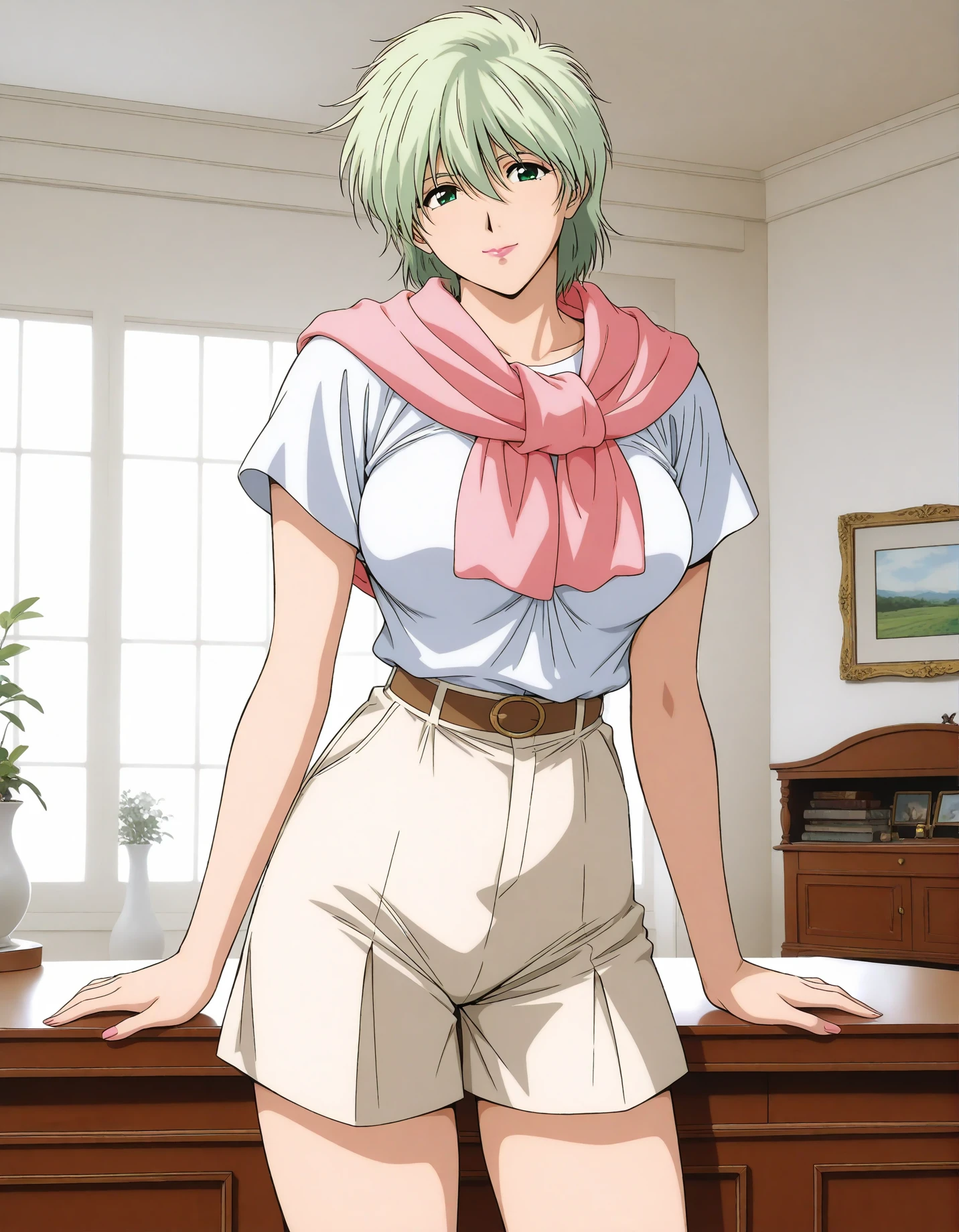 masterpiece, best quality, good quality, 1girl,solo,cowboy shot,standing,looking at viewer,(1990s \(style\):0.2), antique room,
<lora:aina_sahalim_v1.01:1>,ainasahalim,green hair,green eyes,short hair,lips,lipstick,large breasts,(smile:0.5),closed mouth,white shirt,beige culottes,bare thigh,cardigan wrapped around the neck,