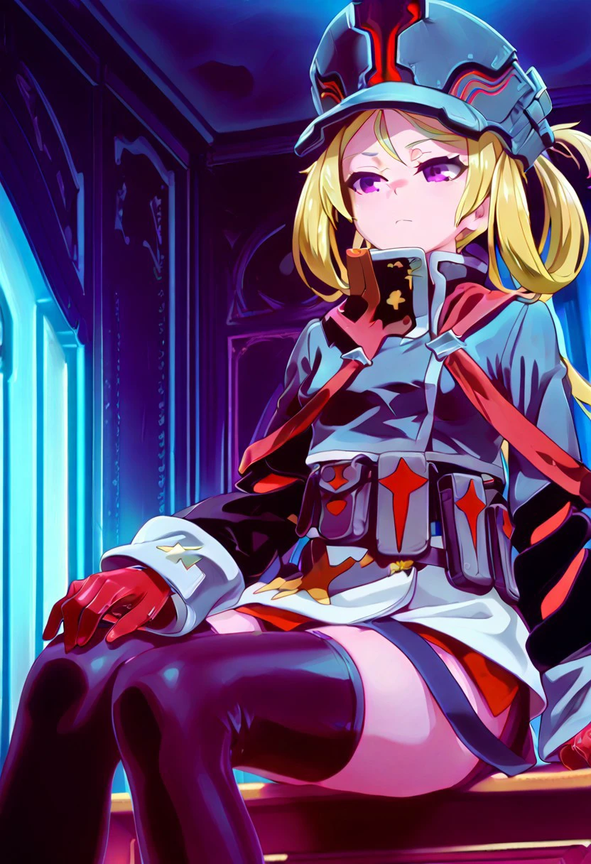 masterpiece, best quality, at room, indoor, at night, moonlight,von Asam, female, hat, blonde hair, short hair, purple eyes, military uniform, red gloves, miniskirt, pouch, black stockings,sitting