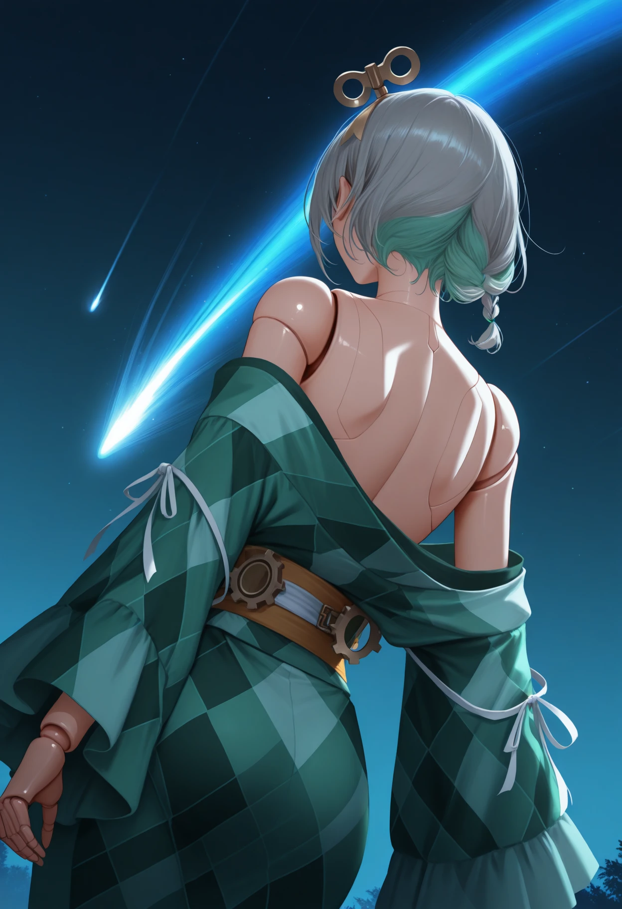 masterpiece, best quality, 1girl, solo, realistic, Cec1l1a, winding key hair ornament, doll joints, grey hair, colored inner hair, streaked hair, short hair, side braid, from behind, facing away, green kimono, off shoulder, back, from below, dynamic angle, dutch angle, comet, light trail, blue theme, dark theme, night, high contrast, shining comet, glowing comet, <lora:ChamCeciliaImmergreenV2IllustriousXL:1>