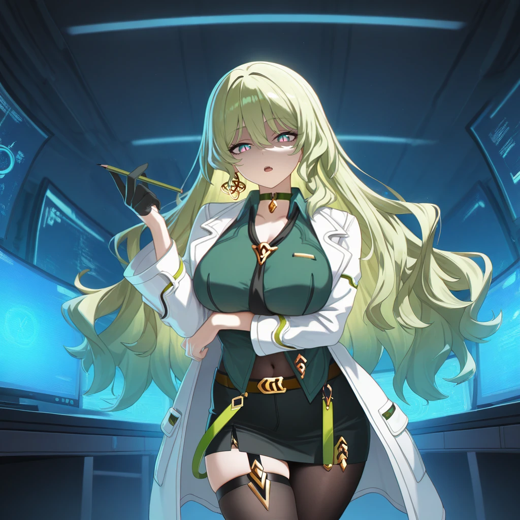 masterpiece, best quality, ultra-detailed, very aesthetic, detailed background, year 2023, very aesthetic, newest, scenery, highres, 4k, absurdres, 8k, colorful,vibrant, glowing, perfect face, 2d, perfect eyes, detailed eyes,
1girl, solo, futuristic background, laboratory, dimmed light, monitor, focused, flicking own hair, floating hair, looking ahead, from side, from below, foreshortening, full body, black high heels, walking, confident, Mobius, Mb_Str, wavy hair, gradient eyes, slit pupils, alt collared shirt, single earring, green shirt, striped shirt, black necktie, pantyhose, brown pantyhose, black pencil skirt, labcoat, white labcoat