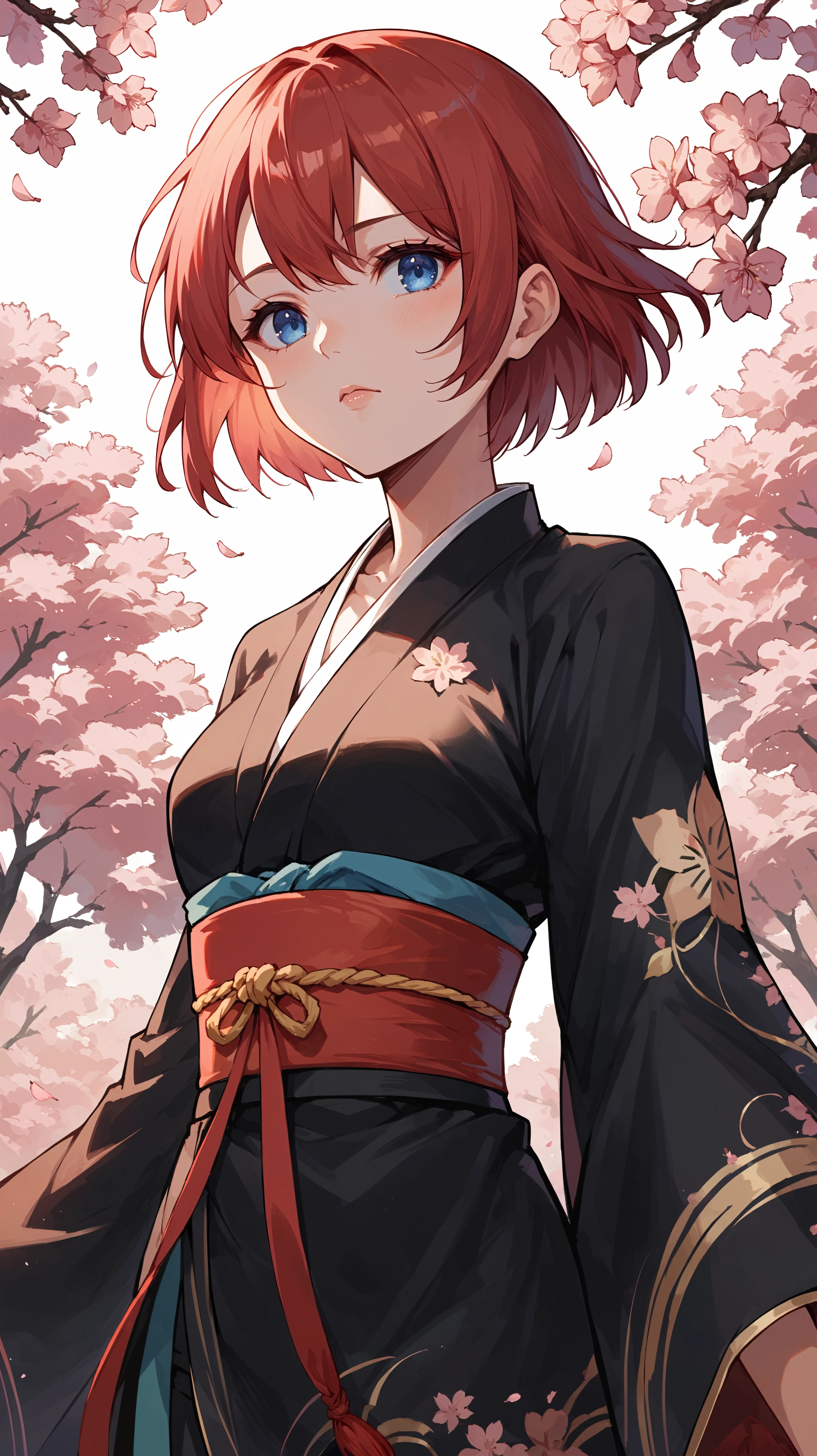 score_9,score_8_up,score_7_up,score_6_up, <lora:xl_more_art-full_v1:0.5>, source_anime, girl, dynamic pose, leaning back, <lora:Kairi - Pony:0.8>, short hair, red hair, blue eyes, black kimono, wide sleeves, obi, japanese clothes, cherry blossoms, sakura blossoms, upper body,