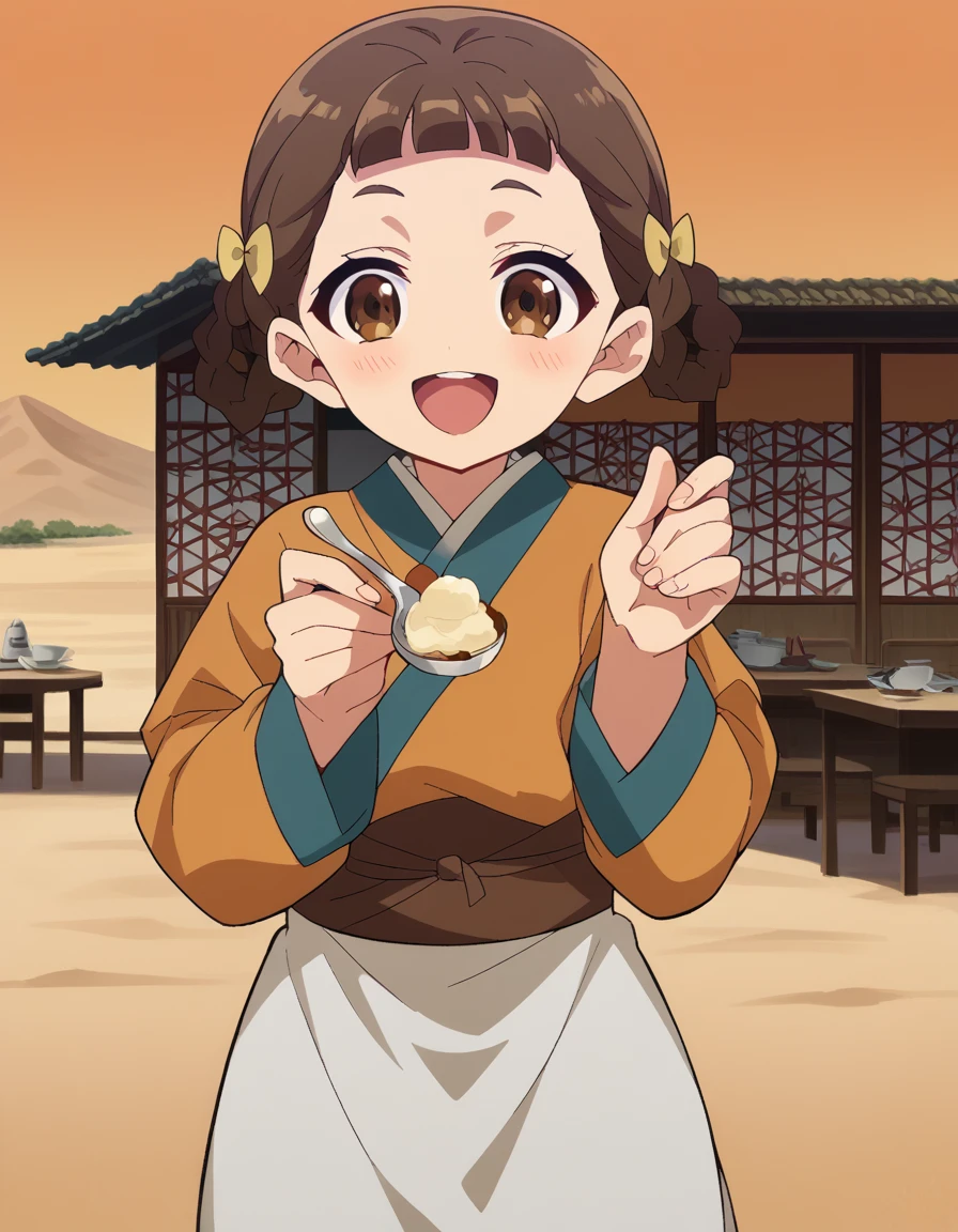 score_9, score_8_up, score_7_up, source_anime, <lora:kusuriya-xiaolan-s1-ponyxl-lora-nochekaiser:1>, xiaolan, bangs, brown hair, hair ornament, brown eyes, braid, hair rings,, japanese clothes, robe, orange robe, long sleeves, skirt, white skirt,, desert, sand, dunes, cacti, heat, smile, <lora:incoming-spoon-ponyxl-lora-nochekaiser:1> incoming food, spoon, holding, holding spoon, food, looking at viewer, open mouth, blush, smile, restaurant, plate, hand up,, looking at viewer, solo,, cowboy shot, solo