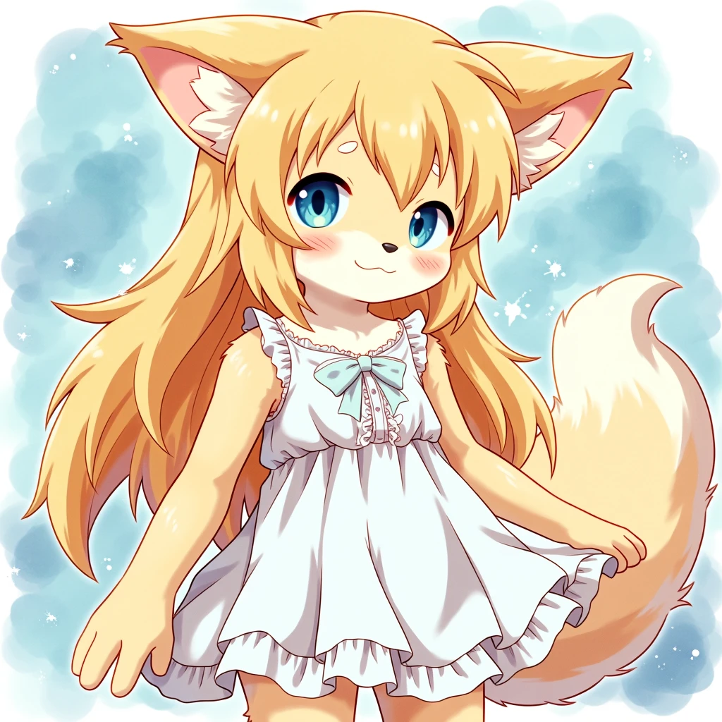 This image is a high quality anime style watercolor painting of qzr furry character with long blonde hair and blue eyes wearing a white dress