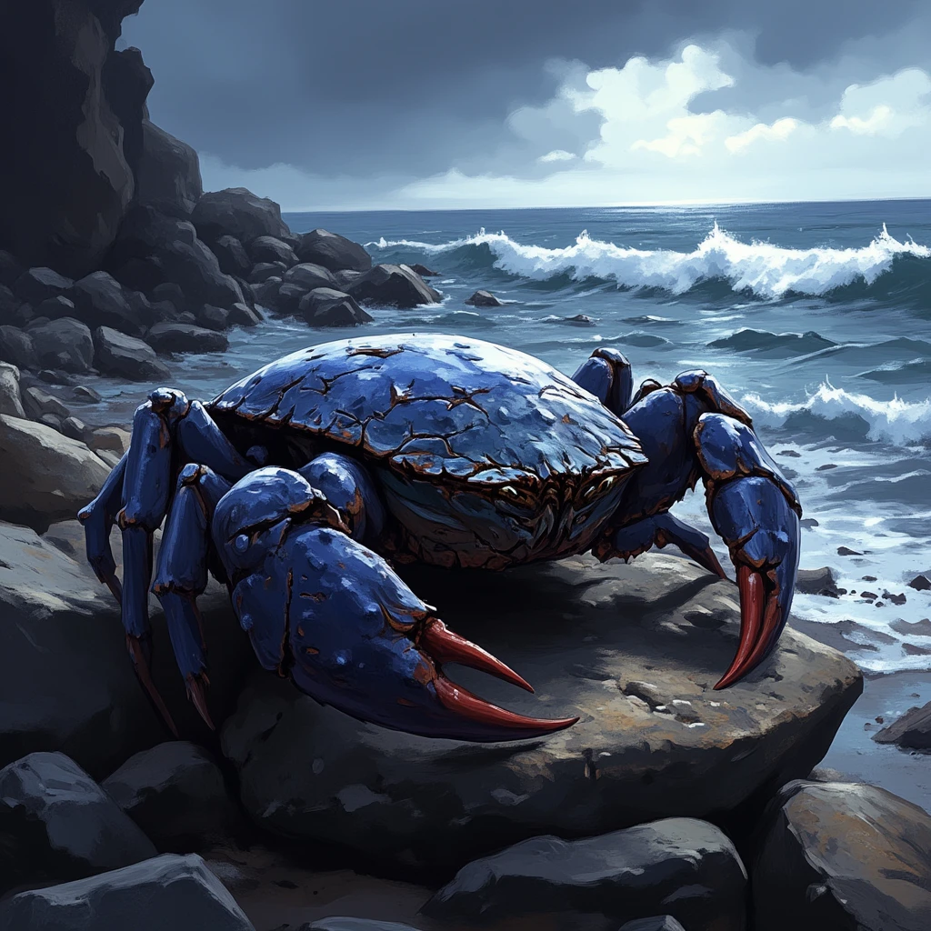 wc1dnd_style, digital painting, A detailed close-up of a blue crab with intricate patterns on its shell, gripping onto a moss-covered rock, tiny bubbles forming at its legs as foamy seawater splashes against the rocky shoreline under a cloudy sky.
<lora:Flux.Digital_Painting_DnD:1>