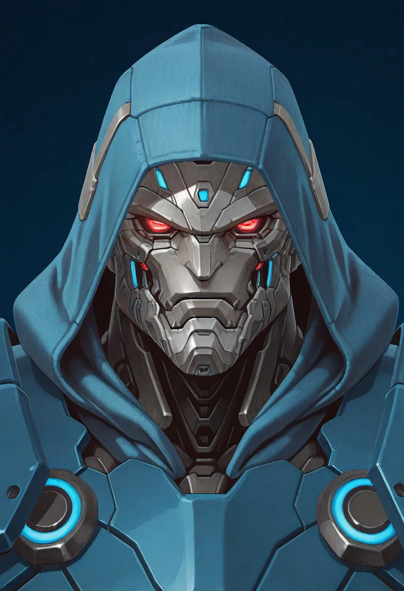 solo, 1boy, d00m99, robot, cyborg, robot joints, glow red eyes, hood, shoulder pads, portrait, male focus,