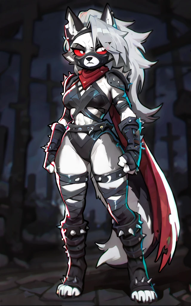 ((loona)), furry female, anthro, ((masterpiece)), ((high resolution)), ((cartoon style)), ((solo full body portrait)), adult, 20 year old, tall, (athletic figure), (toned body), (grey fur), (white underbelly), (black nose), (long grey hair), (cute white eyes), (red sclera), (annoyed frown), leather gloves, black leather bandage mask, armor, boots, red scarf, Long scarf with 2 spiked rings at the end, bandage leather leotard, clothing cutout, black thigh strap, toeless leather bandage legwear with spikes, shoulder armor whit spikes, (ready for battle:1.2), marvelrivals