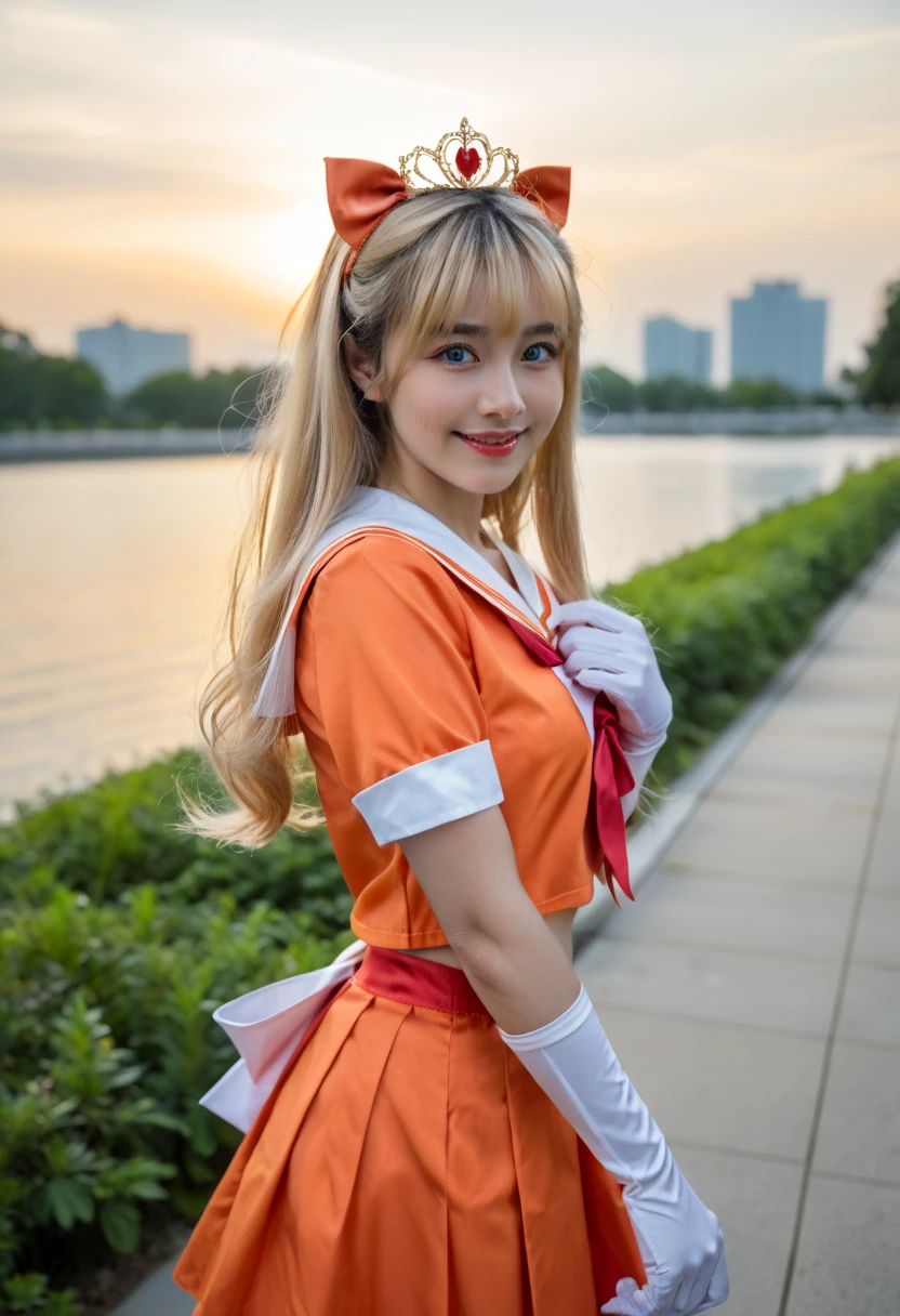 (score_9, score_8_up, score_7_up:1),realistic,masterpiece,DSLR,film grain,professional photography,cosplay photo,solo,solo focus, photography shot with Canon EOS 5D Mark IV ,a japanese Idol,
1girl,smile, looking at viewer, solo, sailor venus,minako aino,blonde hair,blue eyes,bow,hair bow,half updo,long hair,red bow,tiara,back bow,choker,elbow gloves,gloves,jewelry,magical girl,orange choker,orange sailor collar,orange skirt,sailor collar,sailor senshi uniform,skirt,white gloves,orange footwear, standing,
outdoors,beautiful scenery,
<lora:asian beauty face-pony-v2:0.75> <lora:spo_sdxl_10ep_4k-data_lora_webui:0.7>