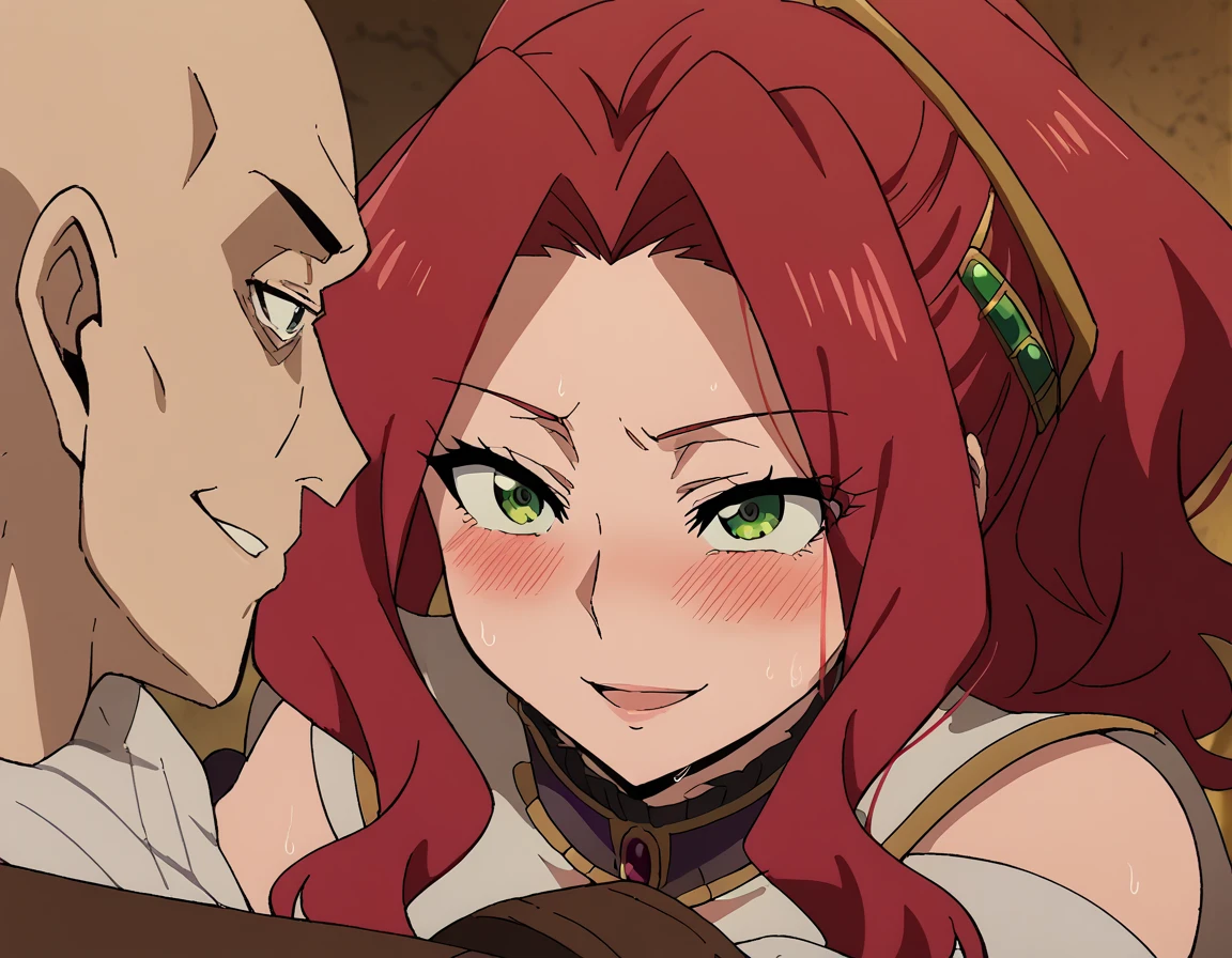 score_9, score_8_up, score_7_up, source_anime, <lora:malty-melromarc-s1s2s3-ponyxl-lora-nochekaiser:1>, malty melromarc, long hair, green eyes, red hair, parted bangs, ponytail, medium breasts, anime screencap, <lora:hey-i-could-have-died-ponyxl-lora-nochekaiser:1>, hey i could have died, blush, looking at another, smile, sweat, anger vein, eye contact, open mouth,, <lora:faceless-ugly-man-ponyxl-lora-nochekaiser:1>, faceless ugly man, faceless, ugly man, fat, faceless male, fat, bald, mature male,,