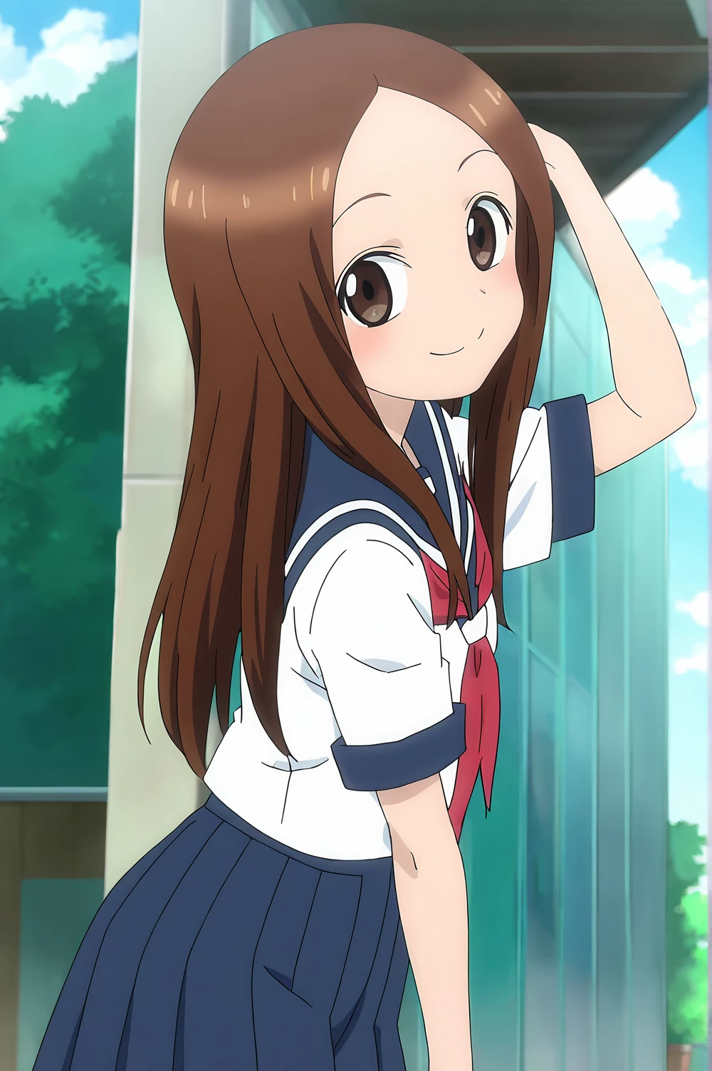 score_9,score_8_up,source_anime,rating safe,solo,1girl,takagi-san,karakai jouzu no takagi-san,school uniform,brown hair, brown eyes, skirt, blue skirt, serafuku, red neckrchief, short sleeves, blue sailor collar,small breasts,long hair,anime_screencap,black socks,smile,standing,looking at viewer,happy,school