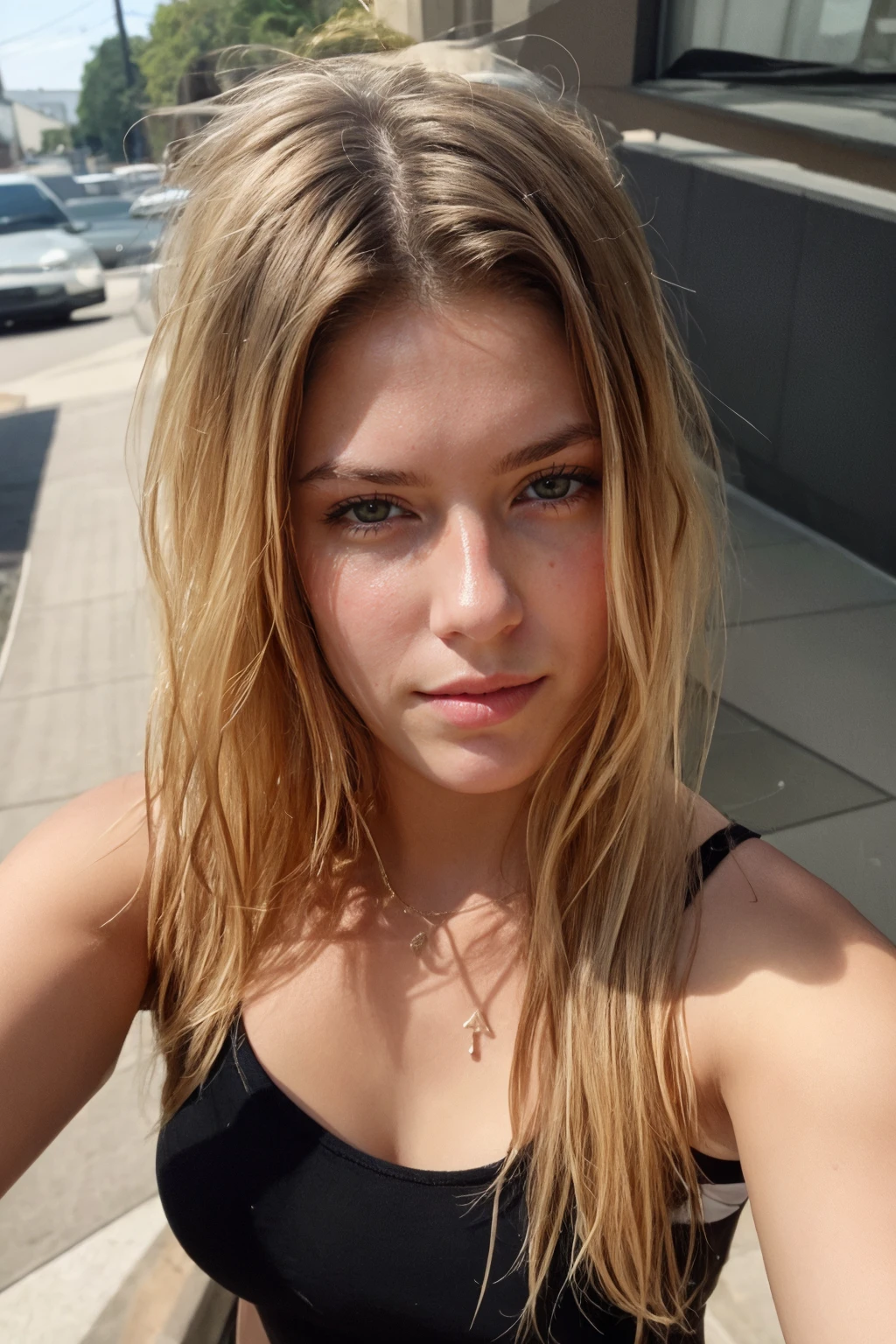 1girl,blonde,sleeveless,selfie,(against the background of the street:0.8),daylight,realistic,