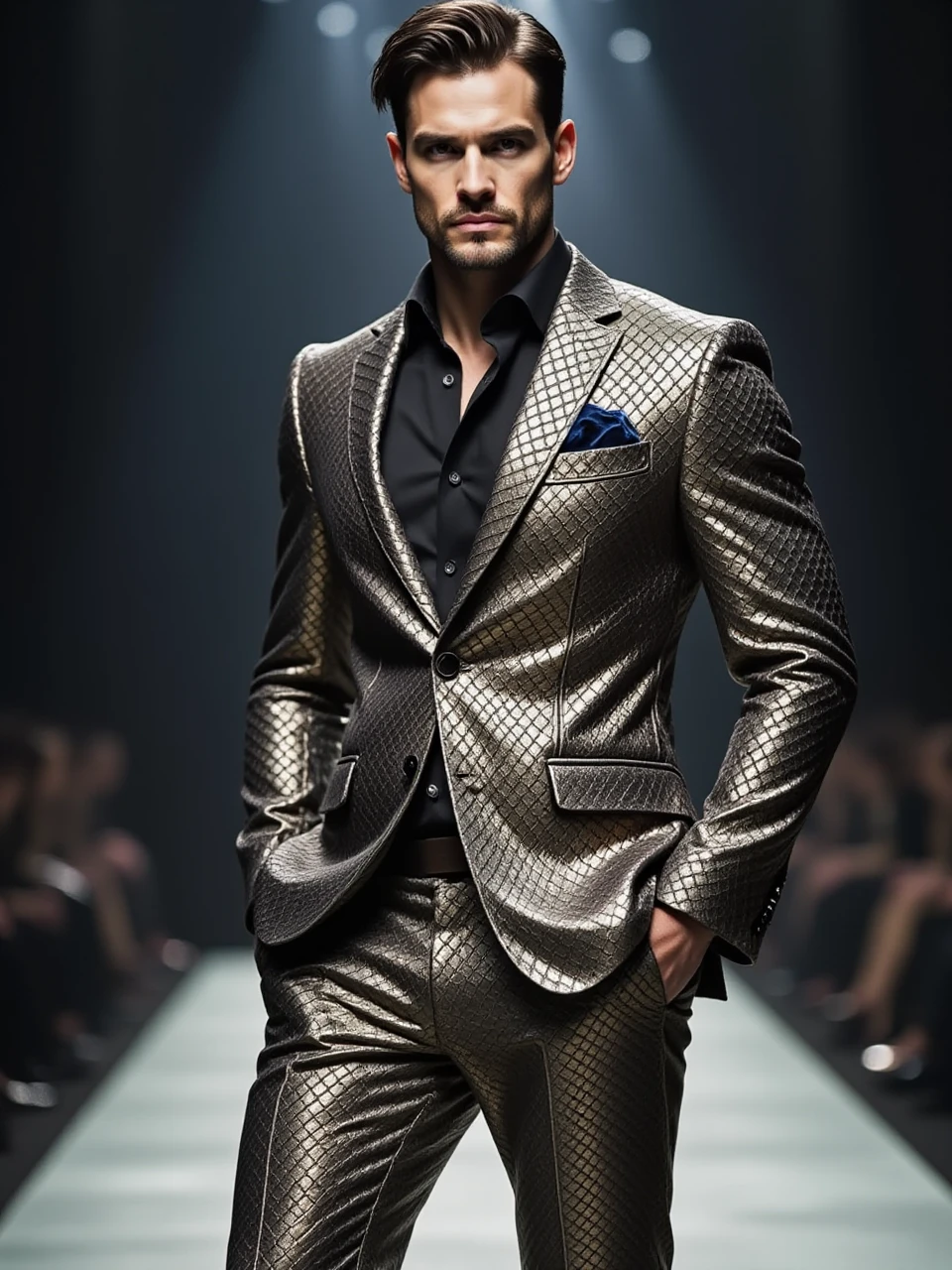 This is a surrealistic art photography photo of a handsome man wearing a metallic snake textured suit as he stands on the runway of a fashion week show, he looks very dominant and majestic.
snake.